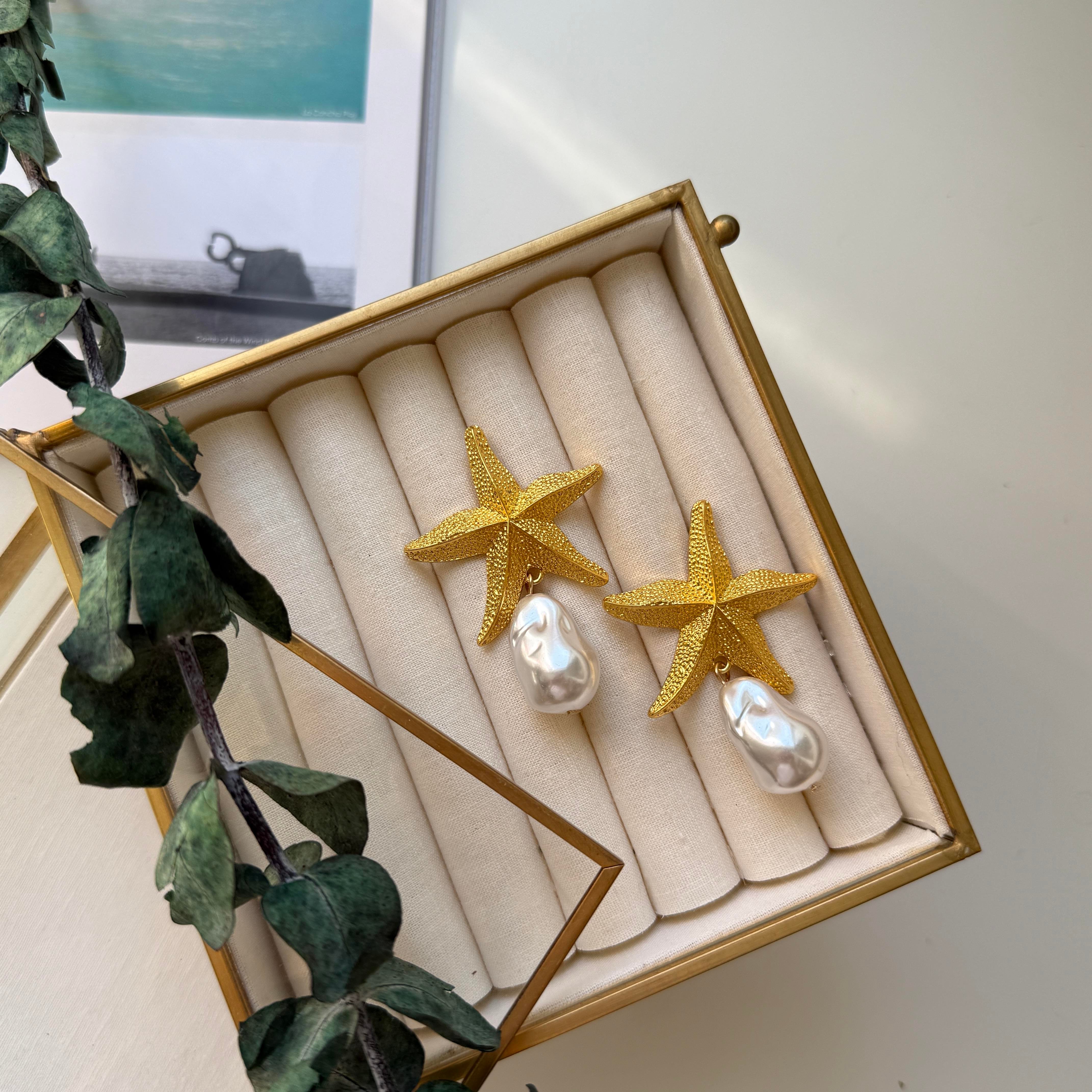 Gold İncili Deniz Yıldızı Küpe