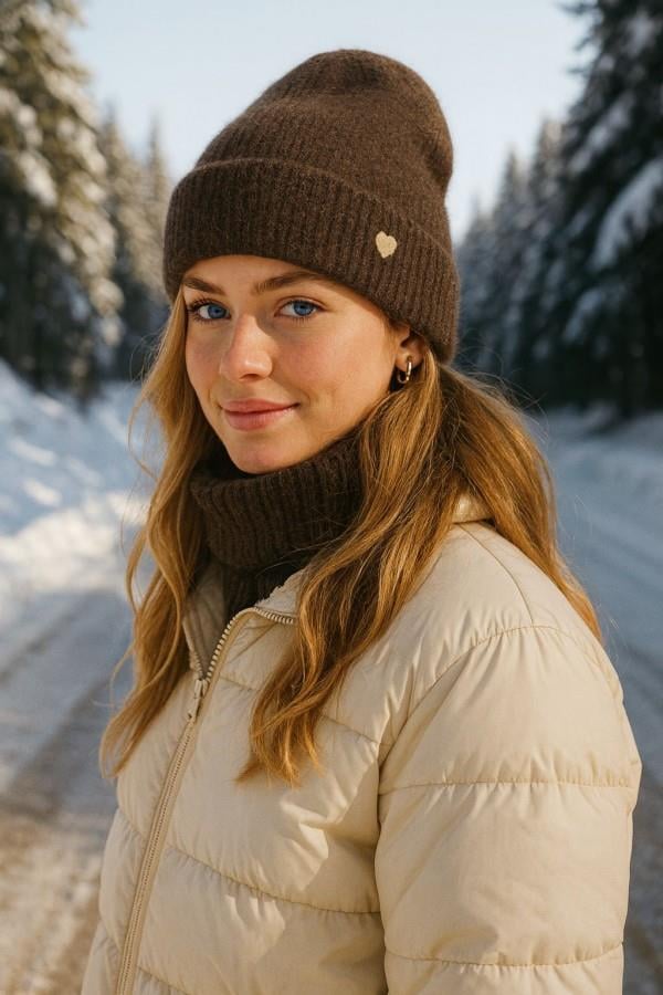 Kahverengi Kalp Nakışlı Bere