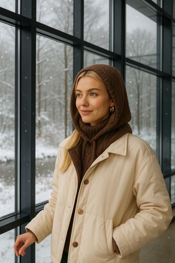 Kahverengi Örgülü Balaclava Bere