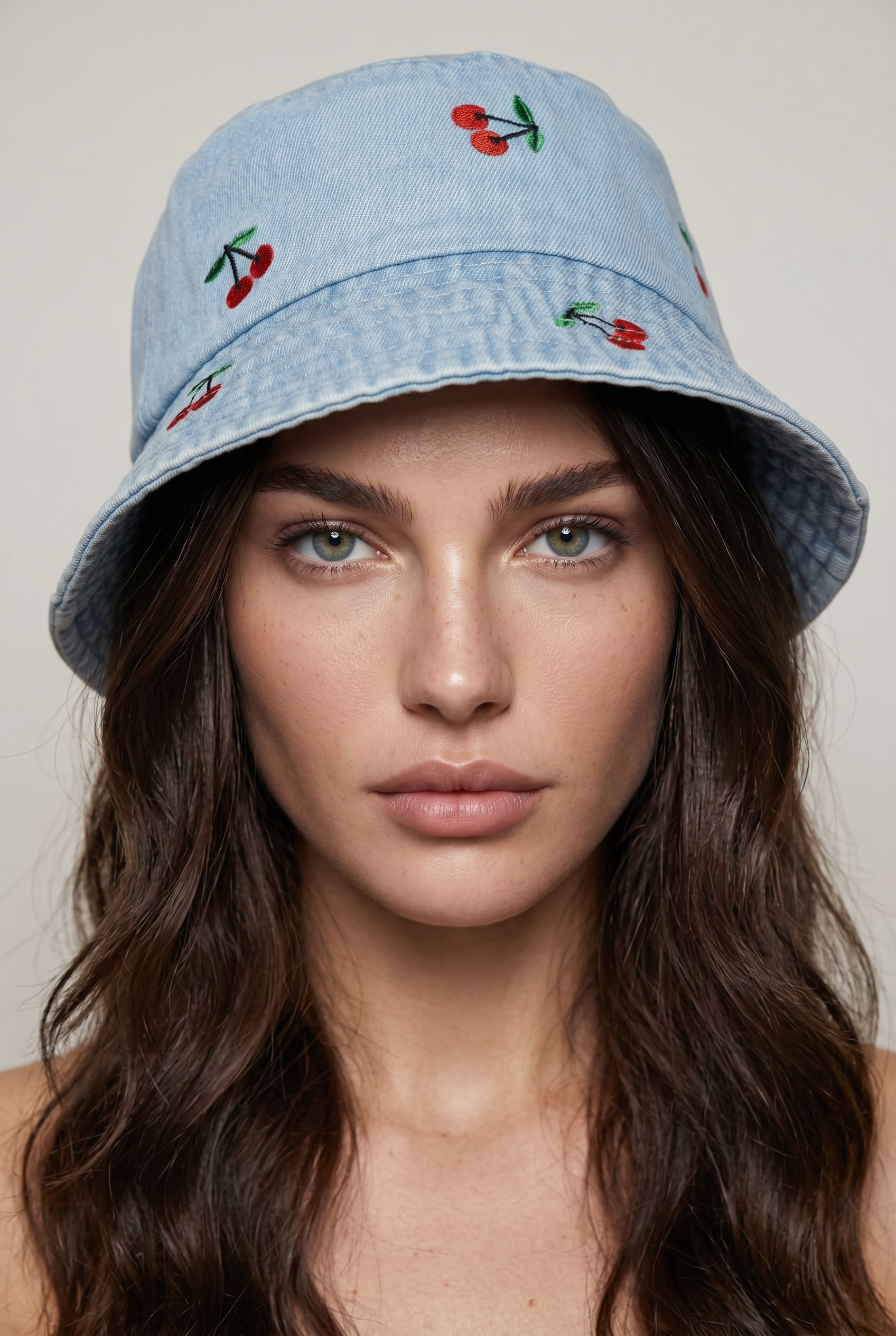 Kiraz Nakışlı Kot Bucket Şapka