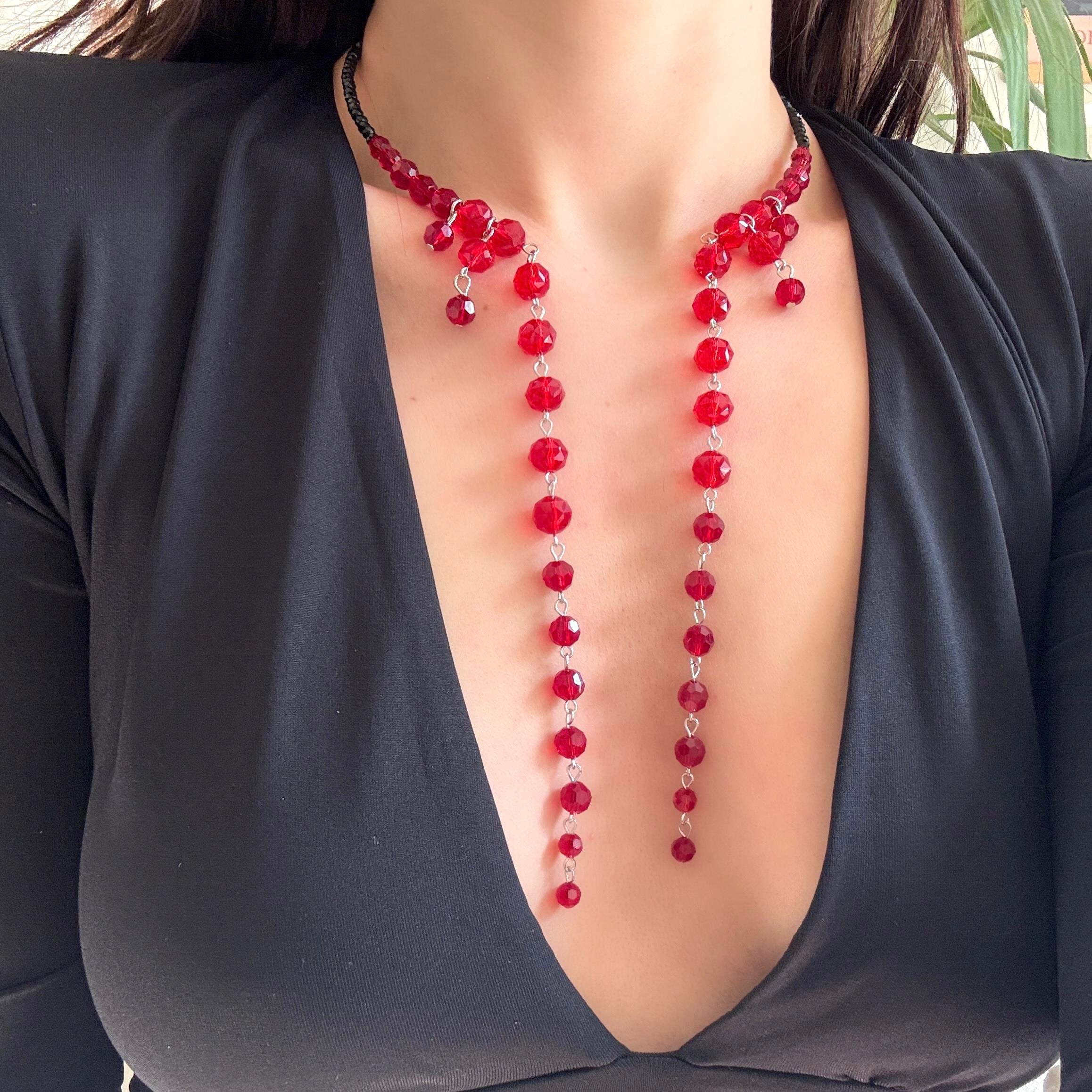 Kırmızı Kristal Boncuklu Choker Kolye