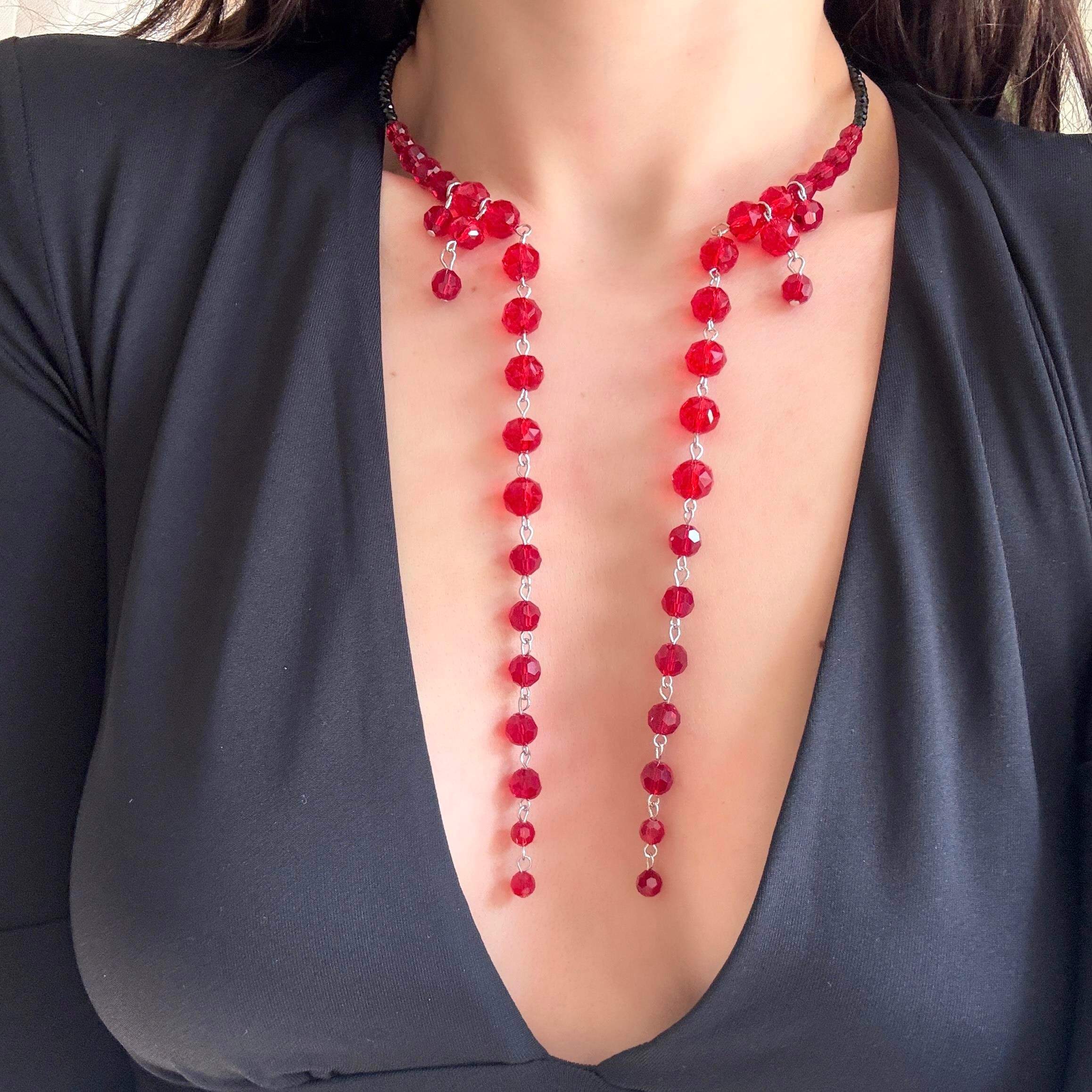 Kırmızı Kristal Boncuklu Choker Kolye