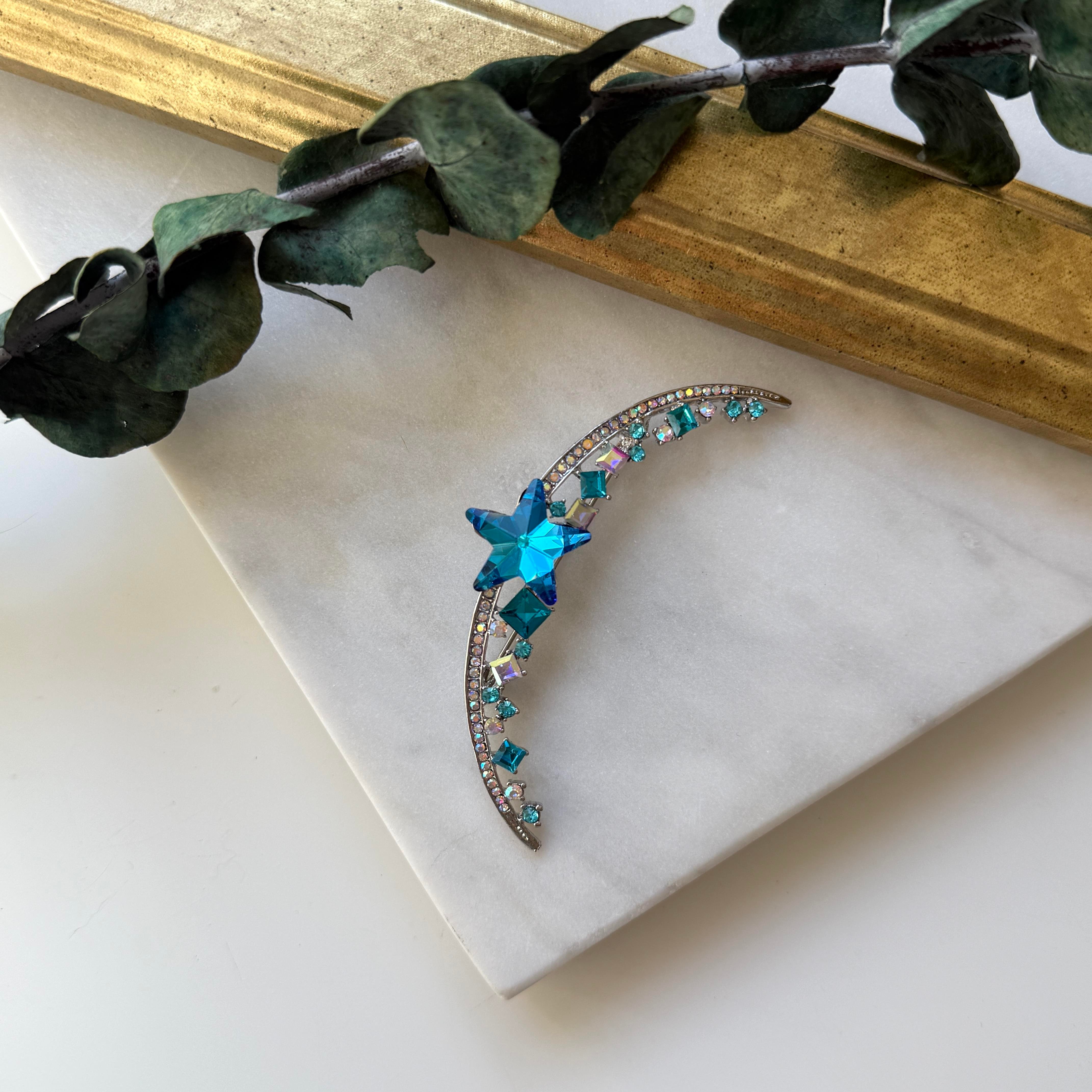 Lacivert Yıldızlı Ay Broş