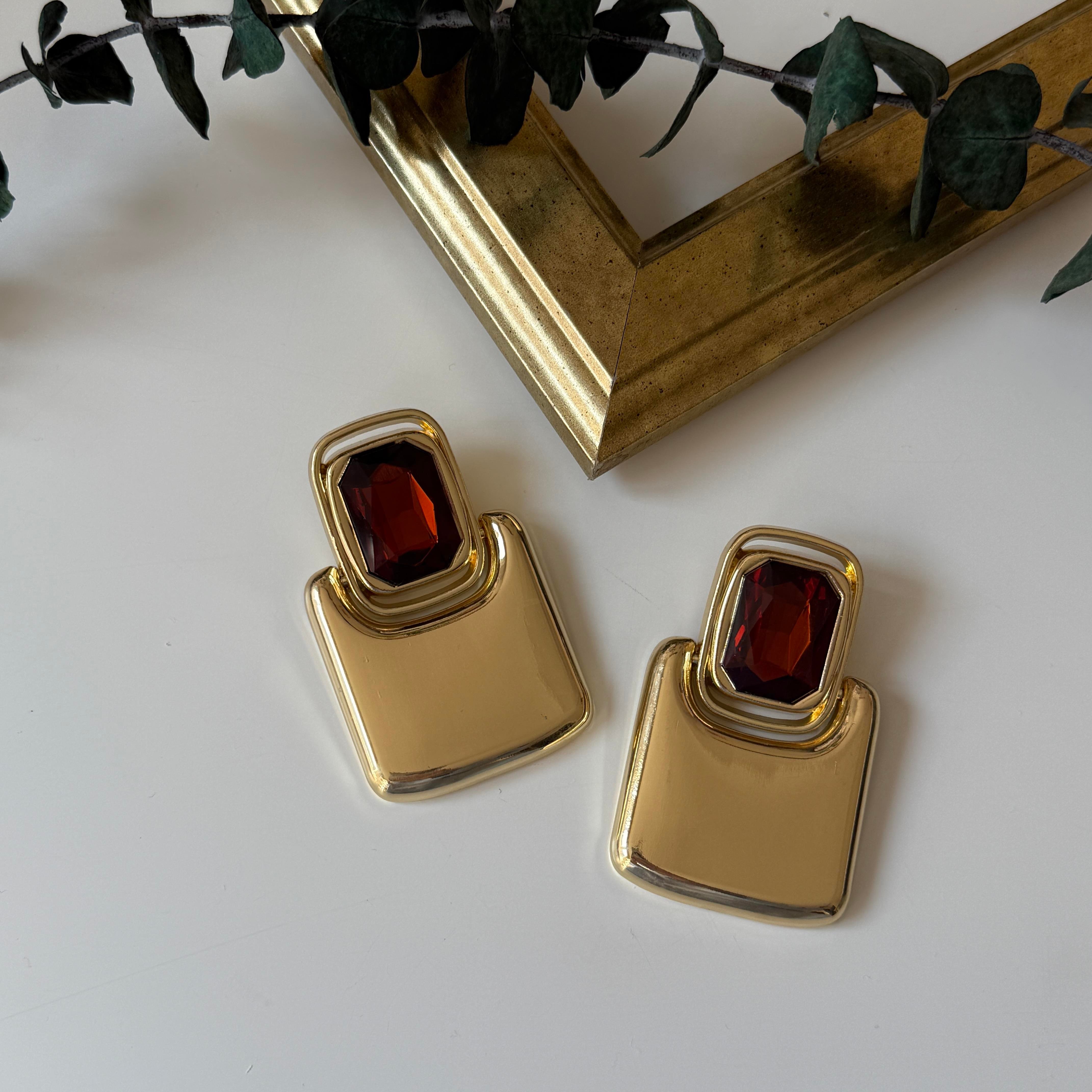 Marka Gold Kahve Taşlı Büyük Küpe
