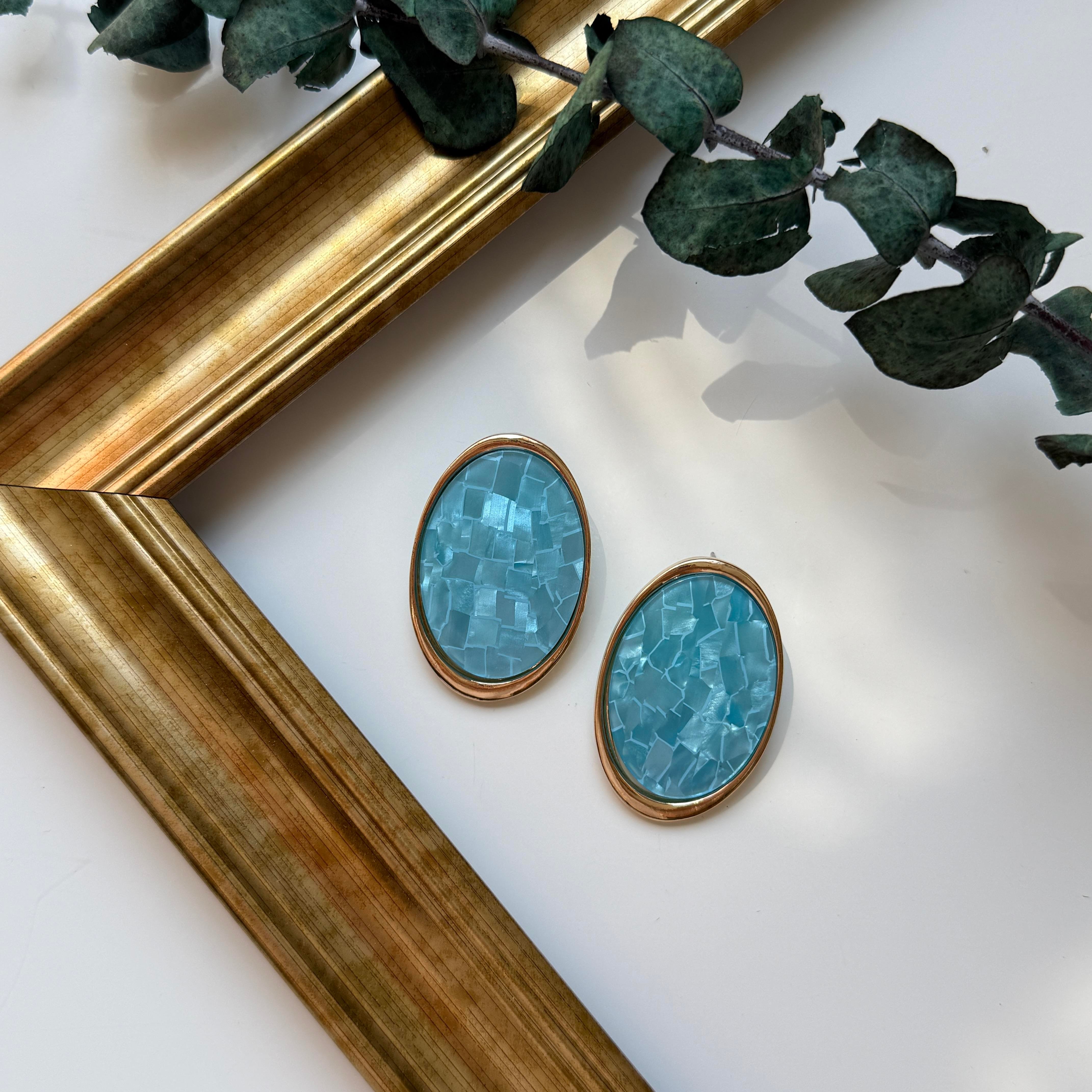 Mavi Sedefli Oval Küpe