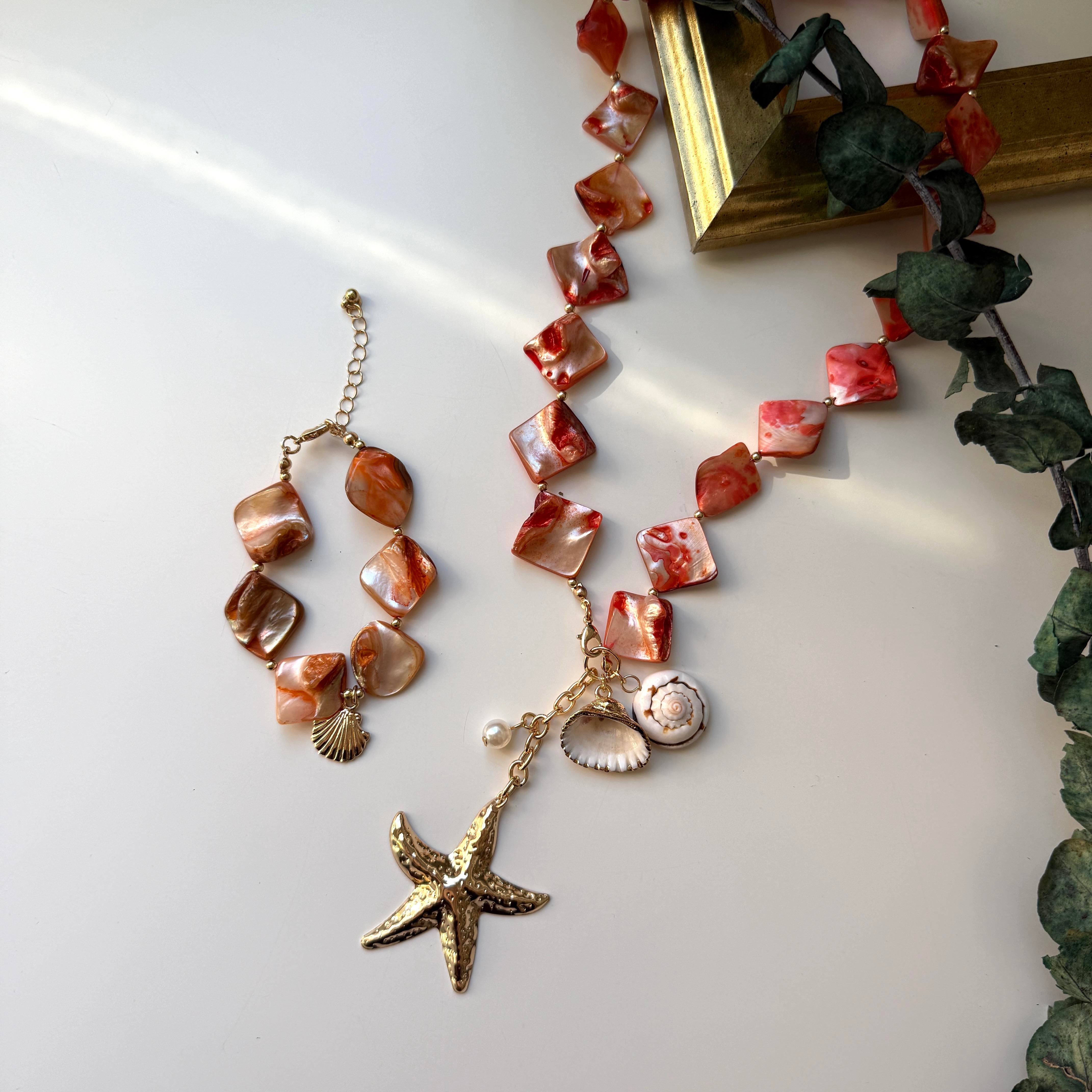 Mercan Sedef Taşlı Deniz Yıldızı Kolye&Bileklik Set