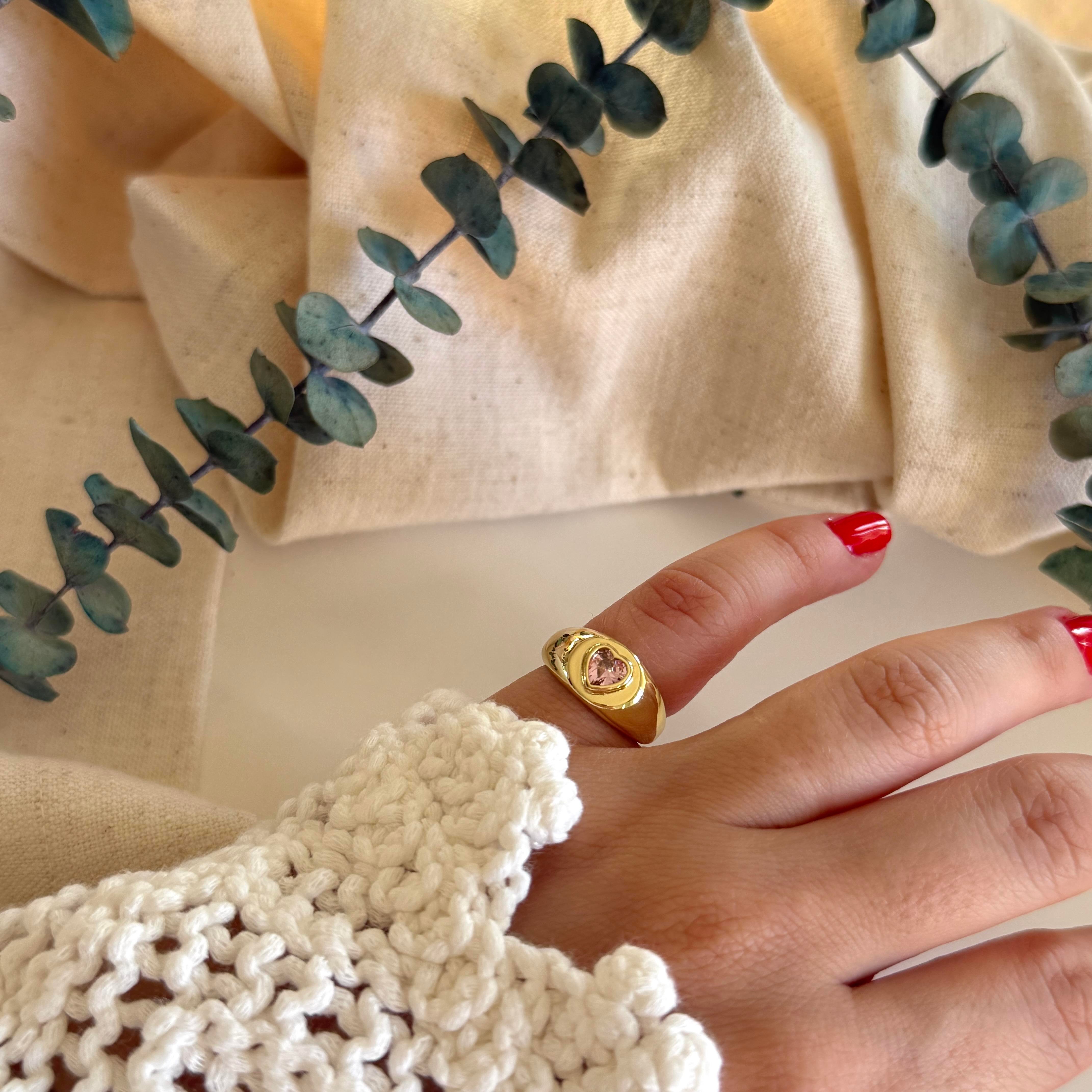 Pembe Kristal Kalp Serçe Yüzük