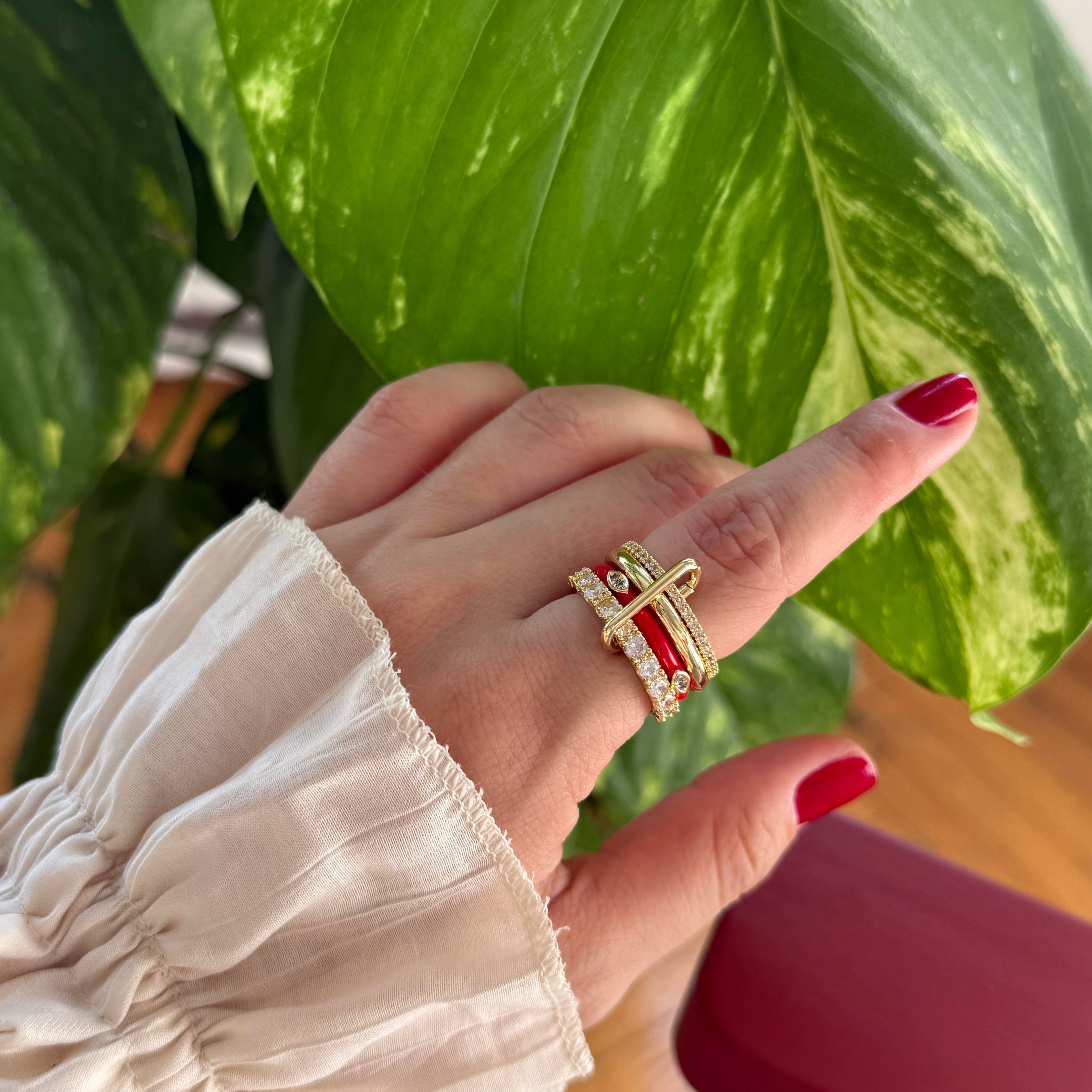 Pembe Mineli Taşlı Çoklu Yüzük