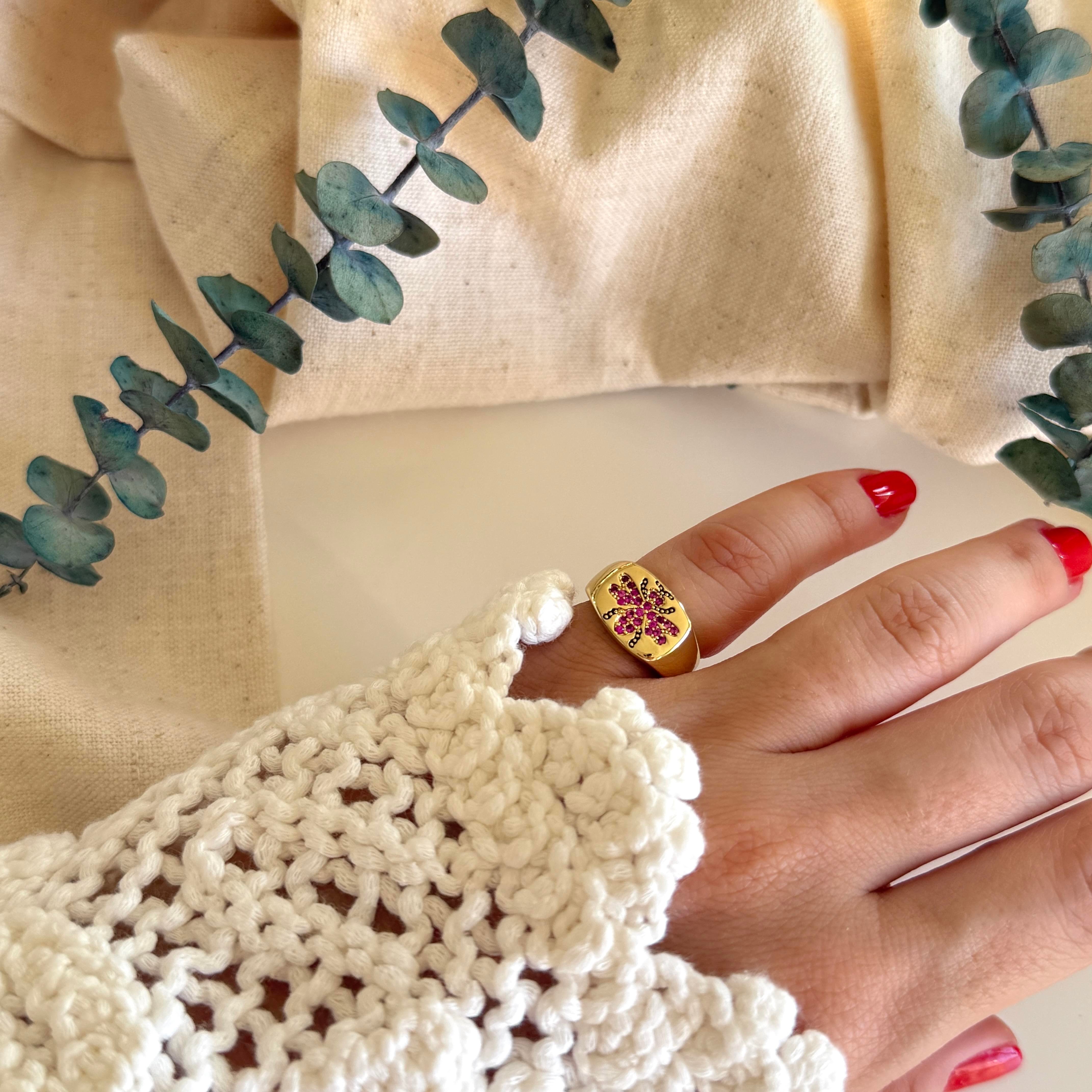 Pembe Taşlı Serçe Yüzük