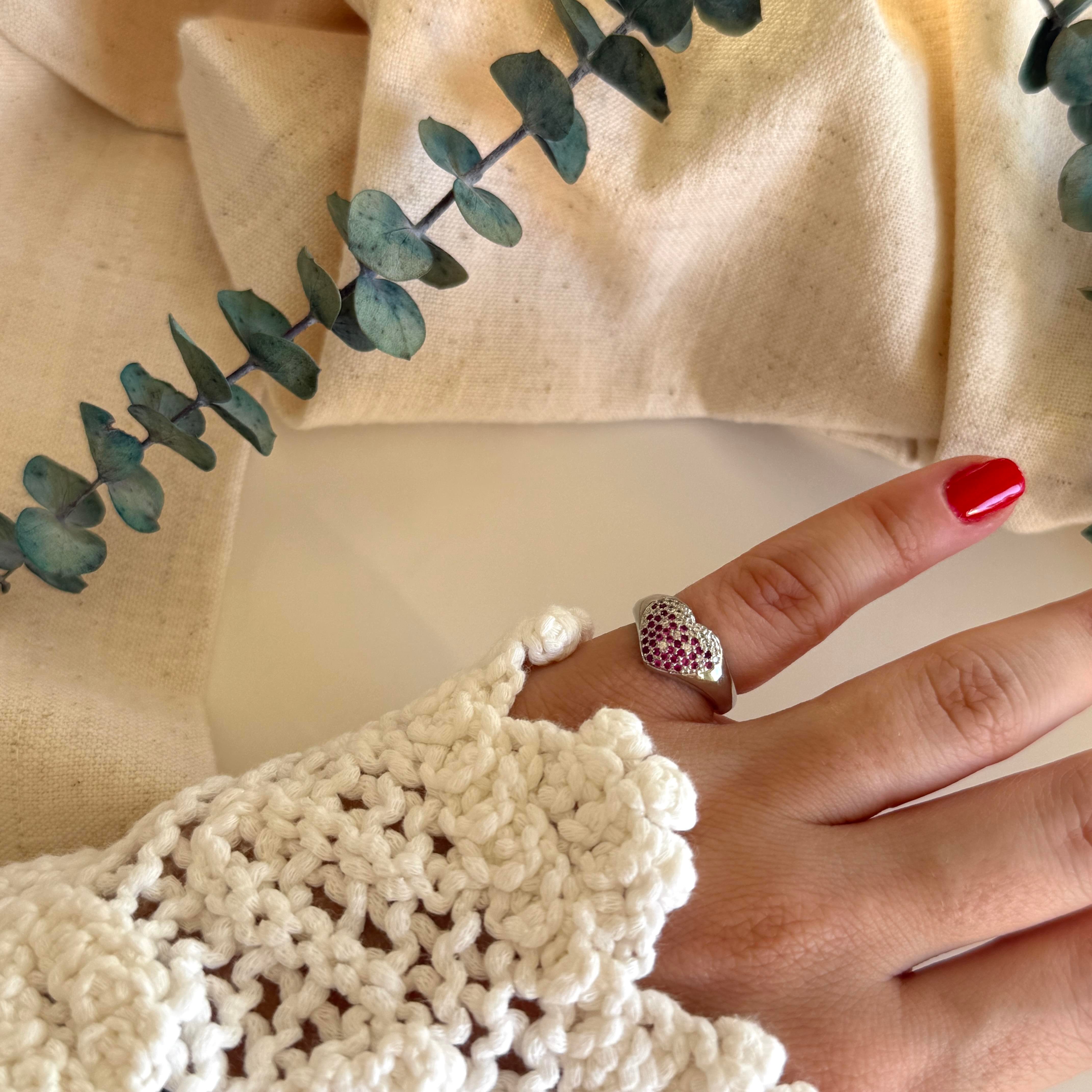 Silver Pembe Taşlı Kalp Serçe Yüzük