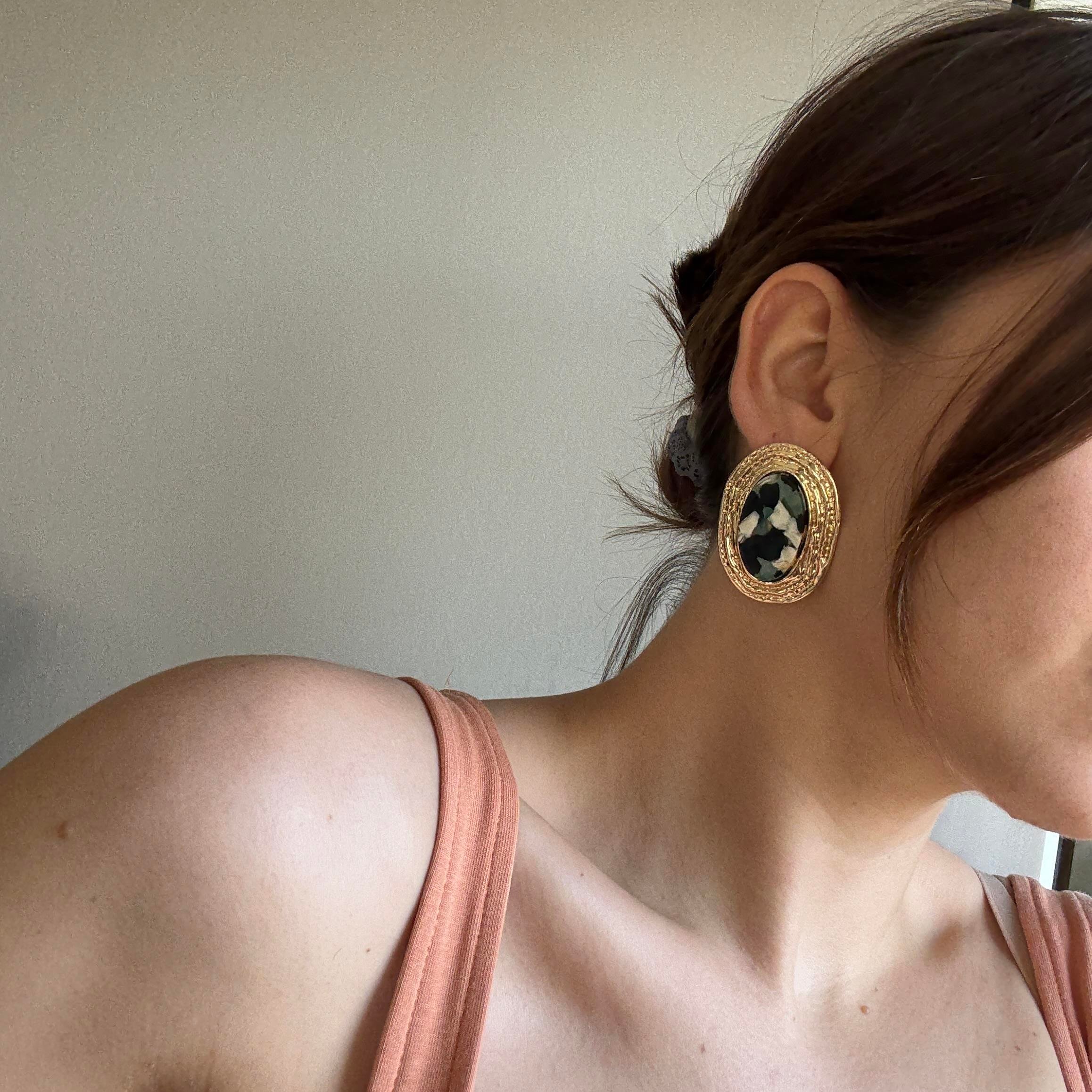 Siyah Mermer Görünümlü Vintage Küpe