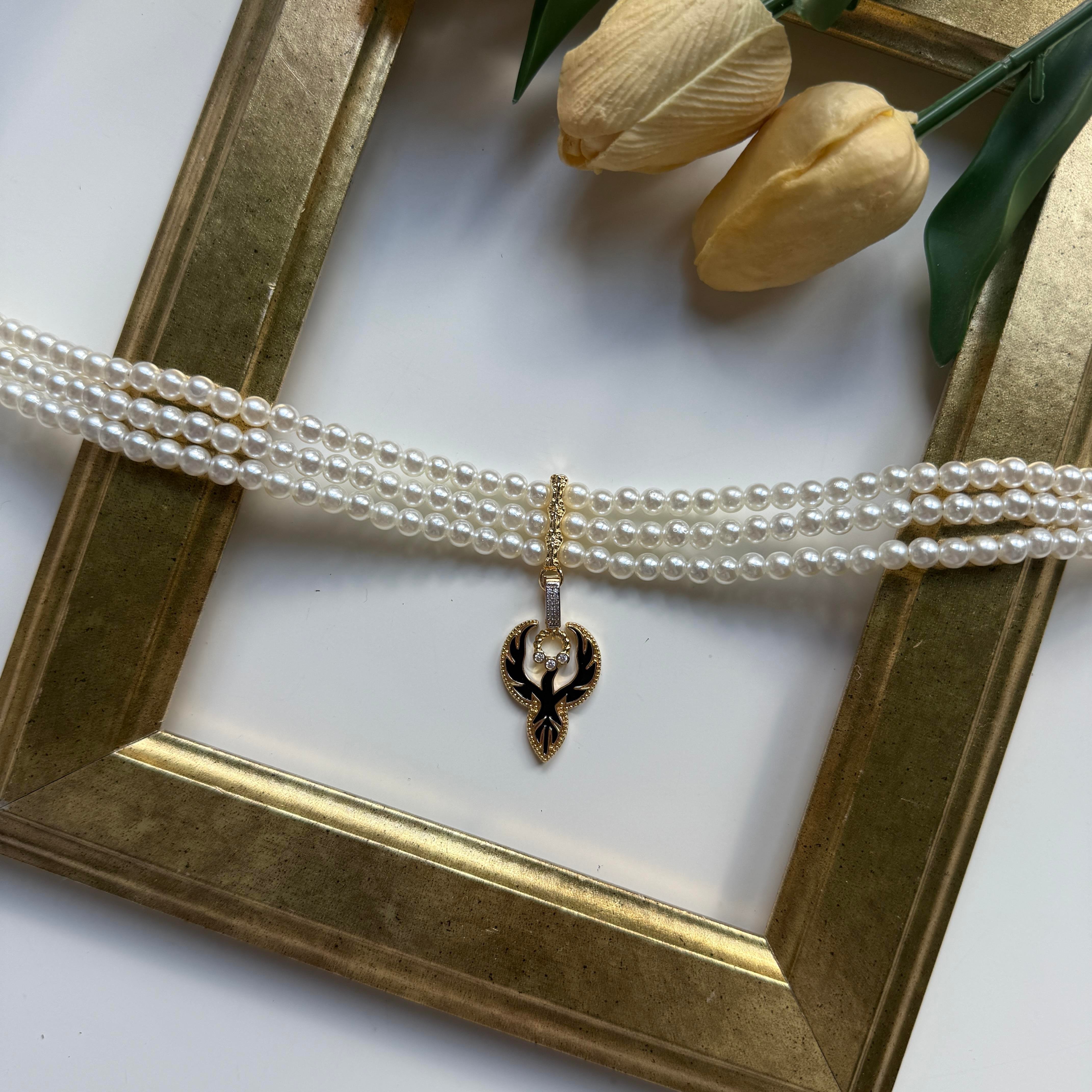 Siyah Mineli İncili Anka Choker Kolye