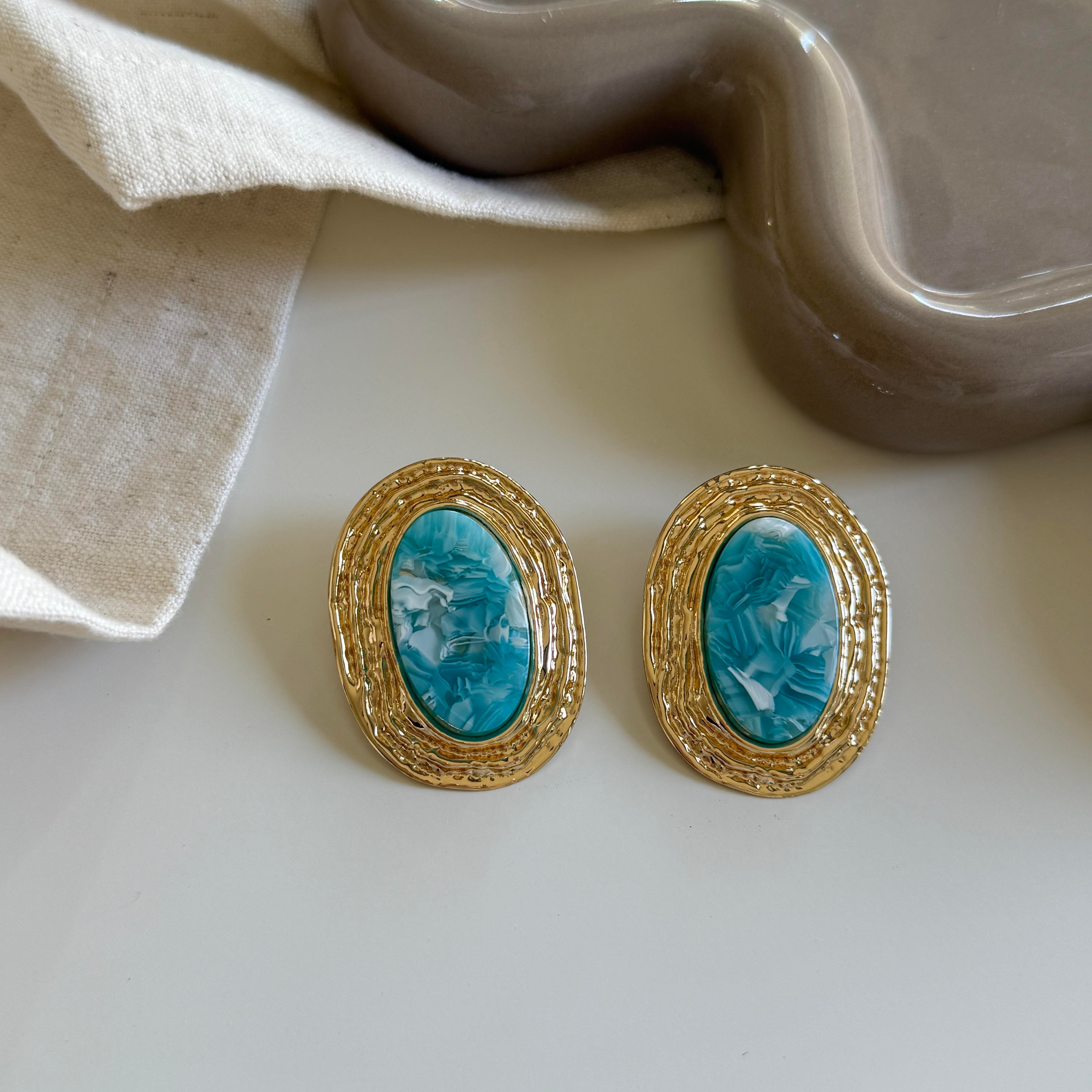 Turkuaz Mermer Görünümlü Vintage Küpe