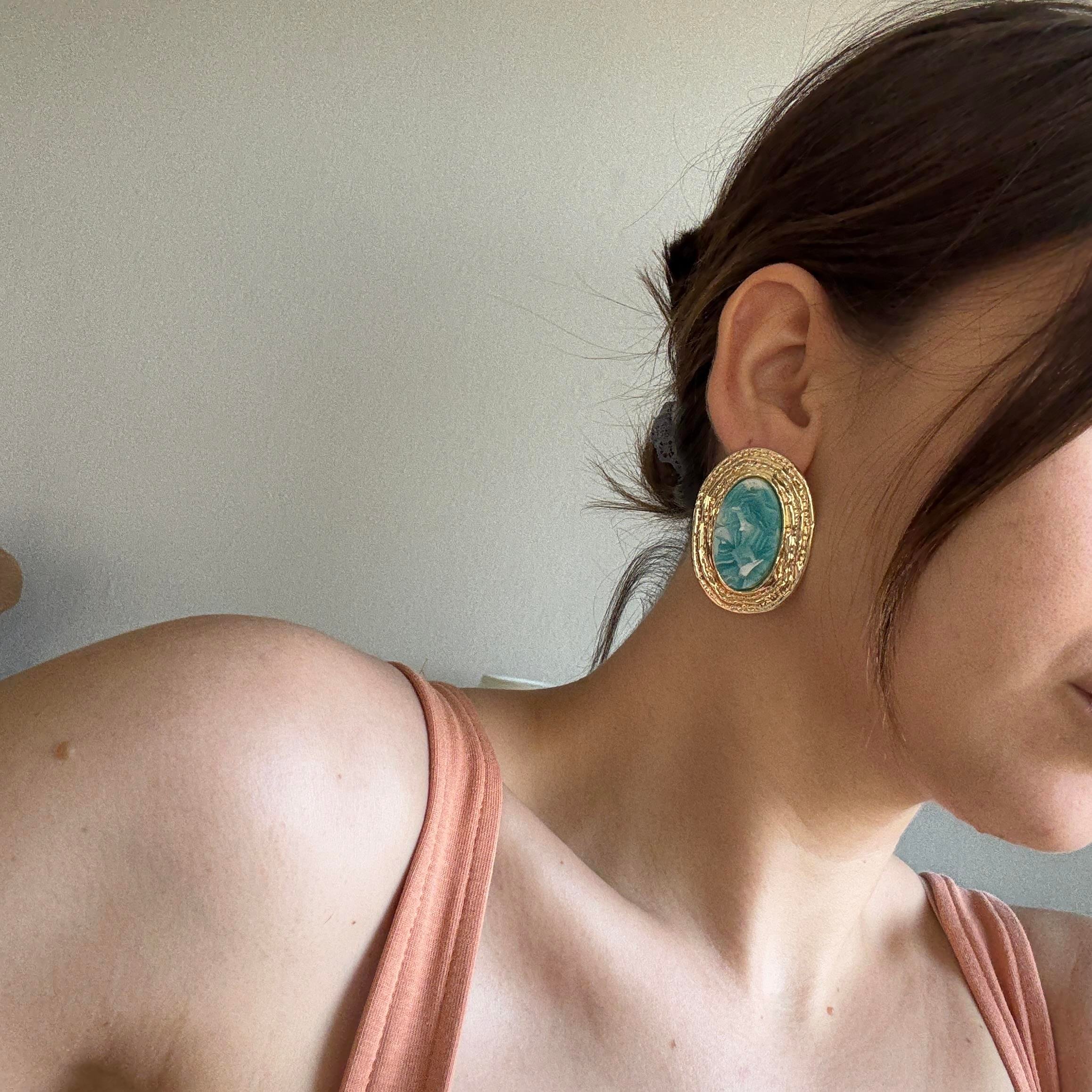 Turkuaz Mermer Görünümlü Vintage Küpe