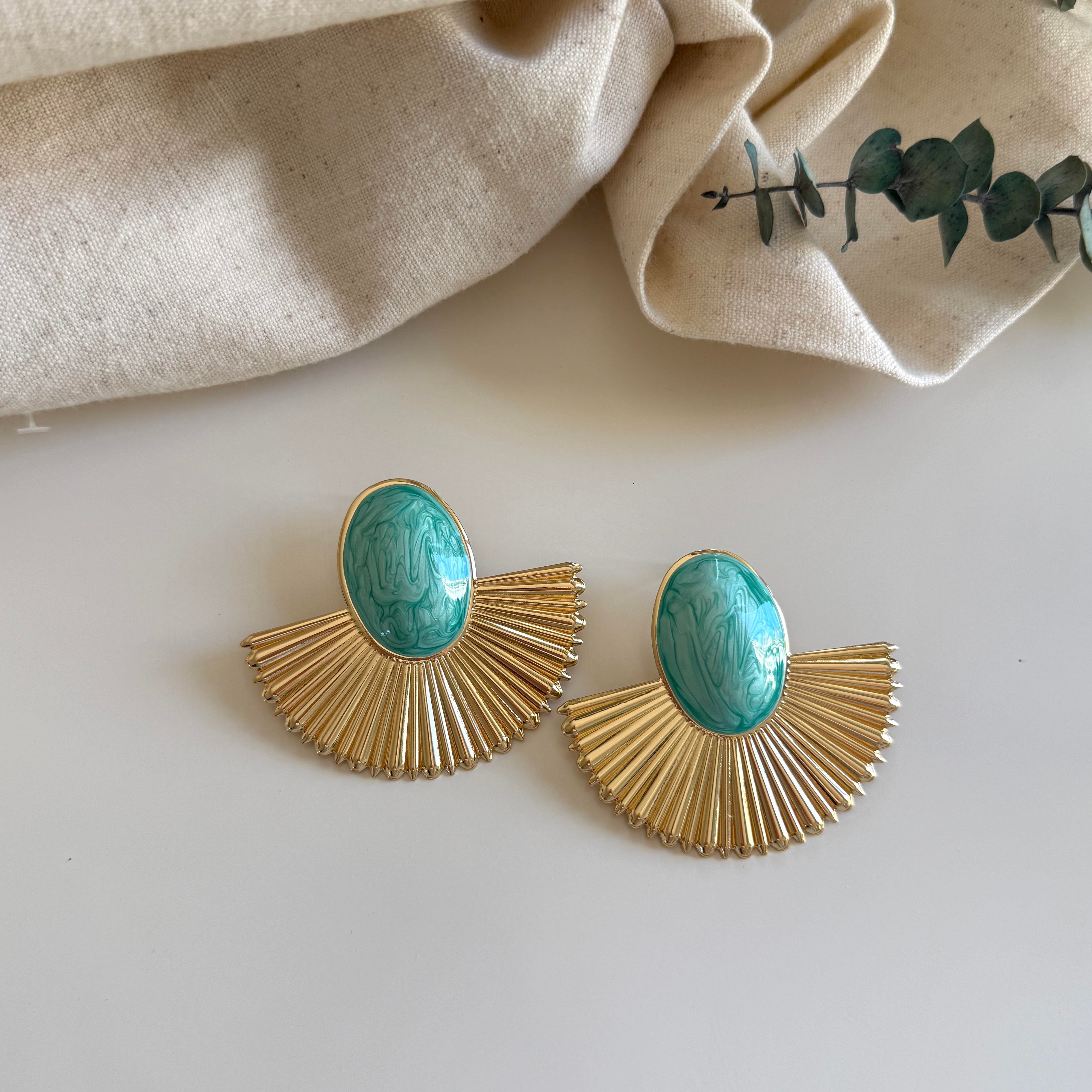 Turkuaz Mineli Yelpaze Küpe