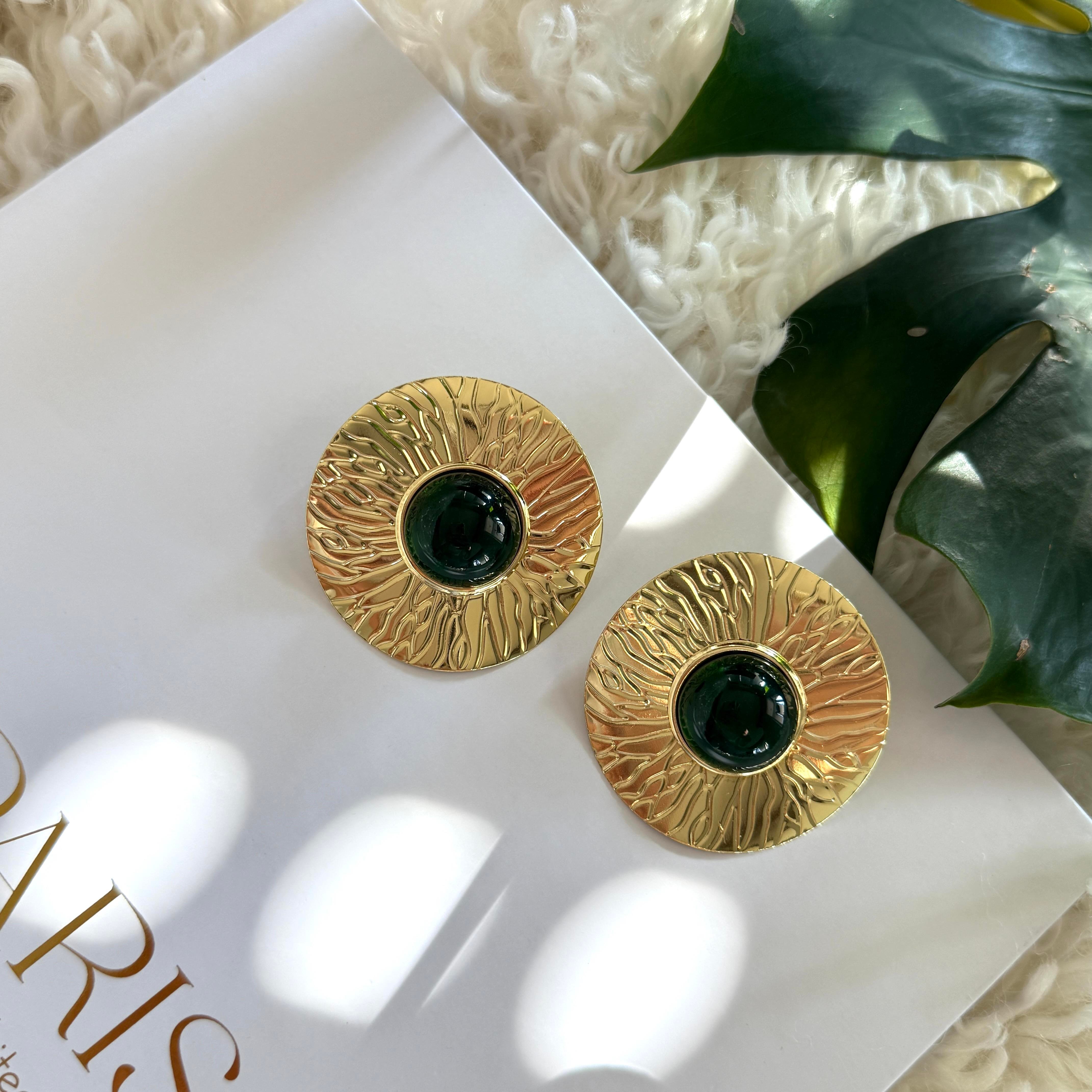 Yeşil Mineli Ezme Yuvarlak Küpe