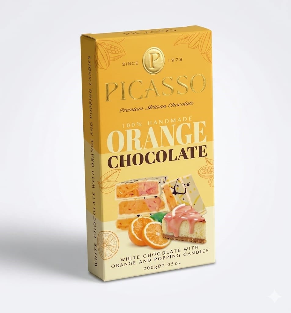 PİCASSO Premium Artisan Chocolate – Patlayan Şekerli & Portakallı Beyaz Çikolata 200 GR