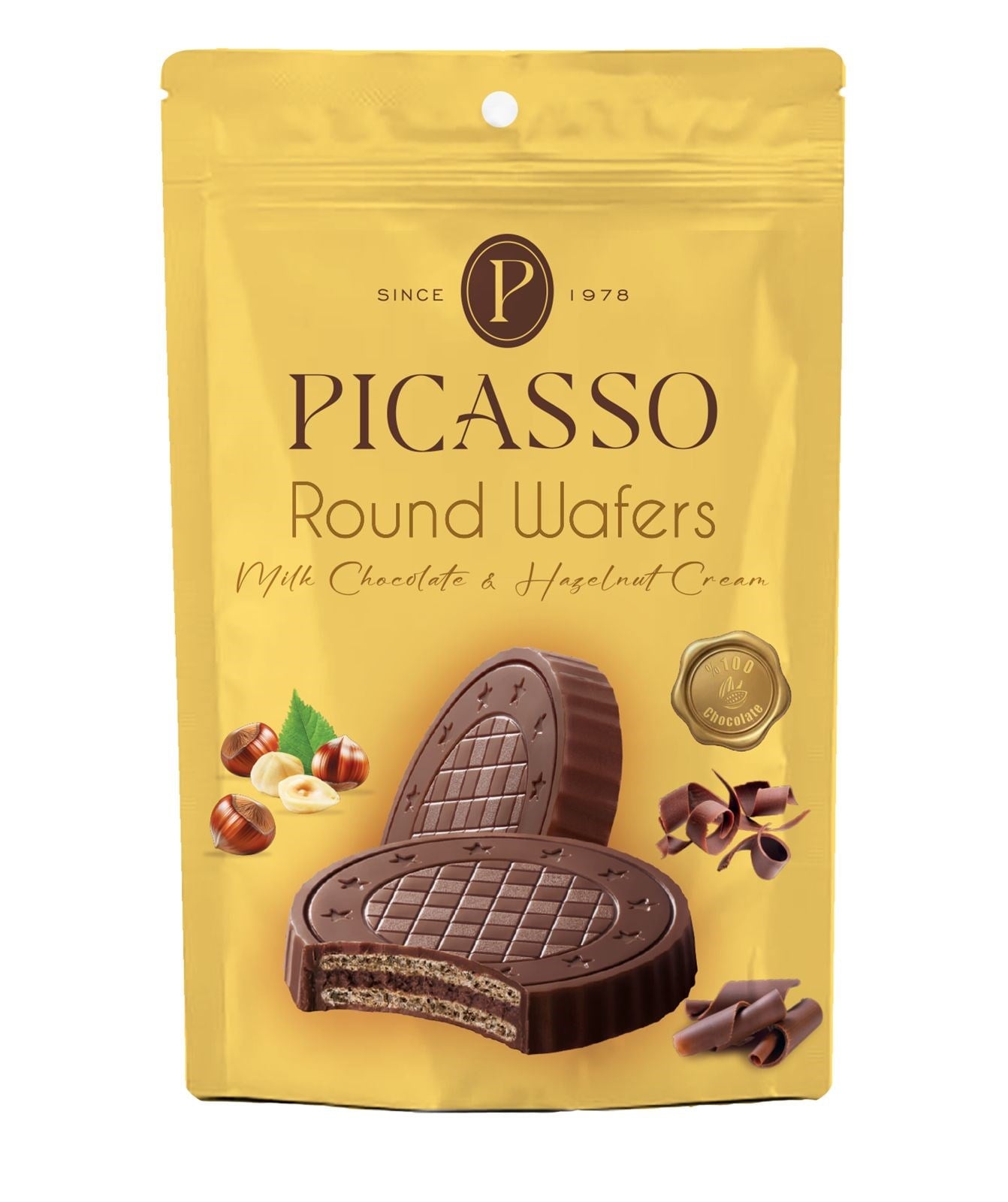 PİCASSO ROUND Yuvarlak Gofret – Sütlü Çikolata Kaplamalı ve Fındık Kremalı (120g)