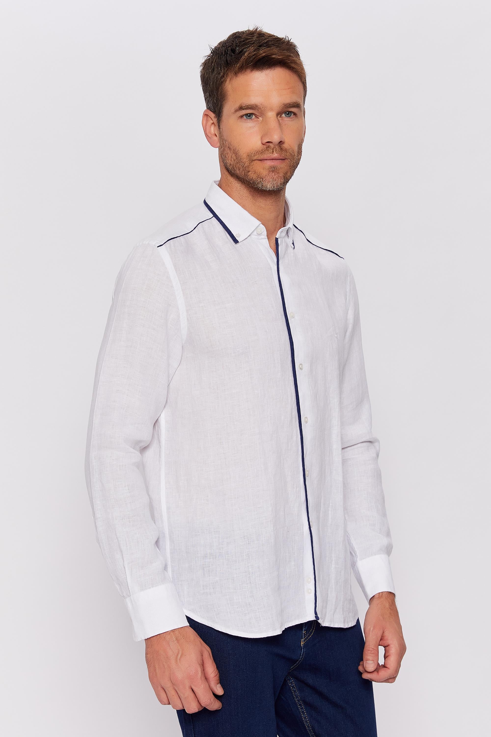 Romano Botta Beyaz Düz Slim Fit Yaka Düğmeli %100 Keten Gömlek