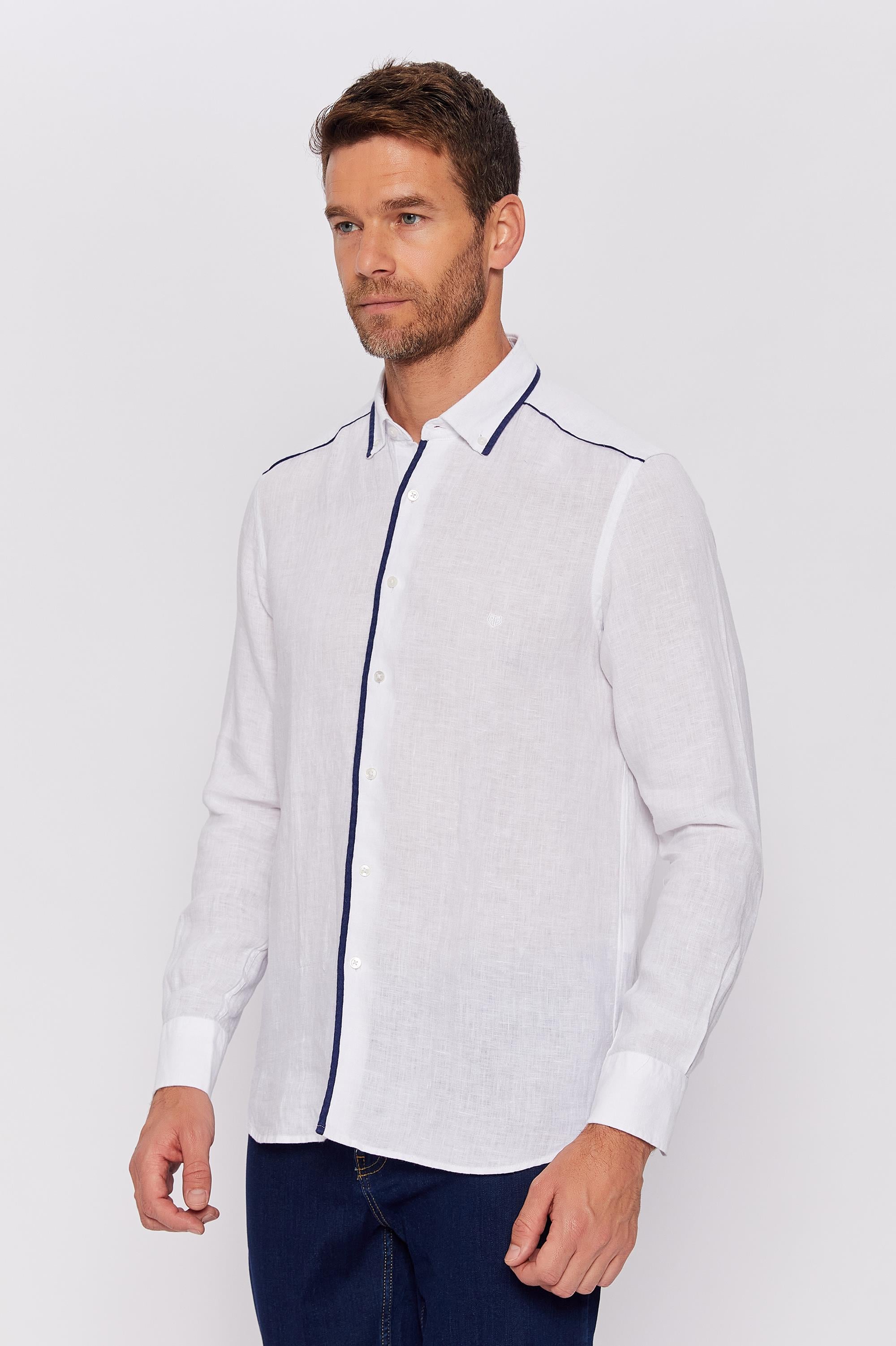 Romano Botta Beyaz Düz Slim Fit Yaka Düğmeli %100 Keten Gömlek