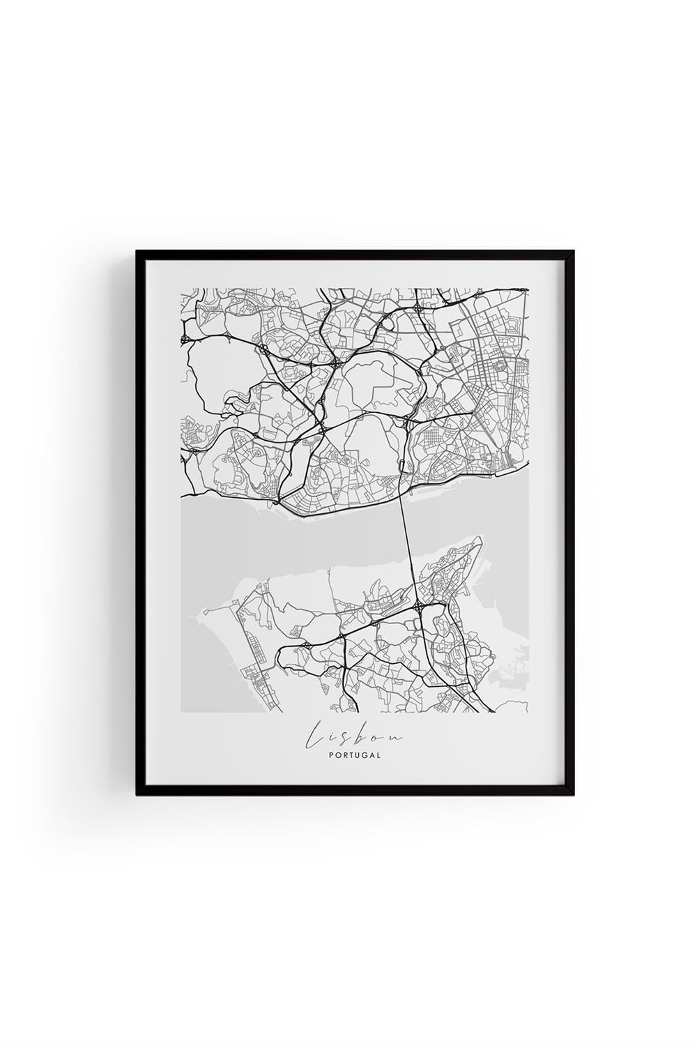 LISBON Harita Şehir Ahşap Çerçeve Fine art Print Baskı Tablo Duvar Dekorasyon ürünü  Poster