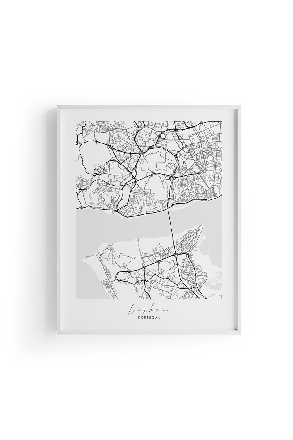 LISBON Harita Şehir Ahşap Çerçeve Fine art Print Baskı Tablo Duvar Dekorasyon ürünü  Poster