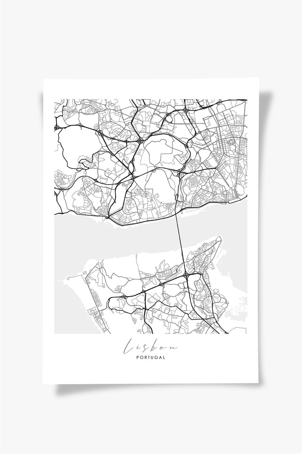LISBON Harita Şehir Ahşap Çerçeve Fine art Print Baskı Tablo Duvar Dekorasyon ürünü  Poster