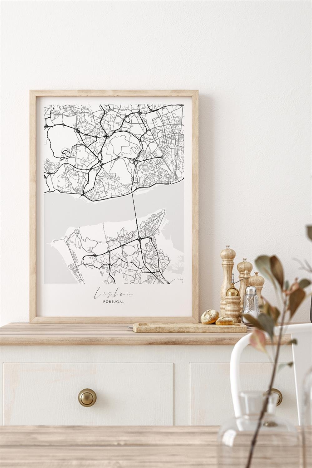 LISBON Harita Şehir Ahşap Çerçeve Fine art Print Baskı Tablo Duvar Dekorasyon ürünü  Poster