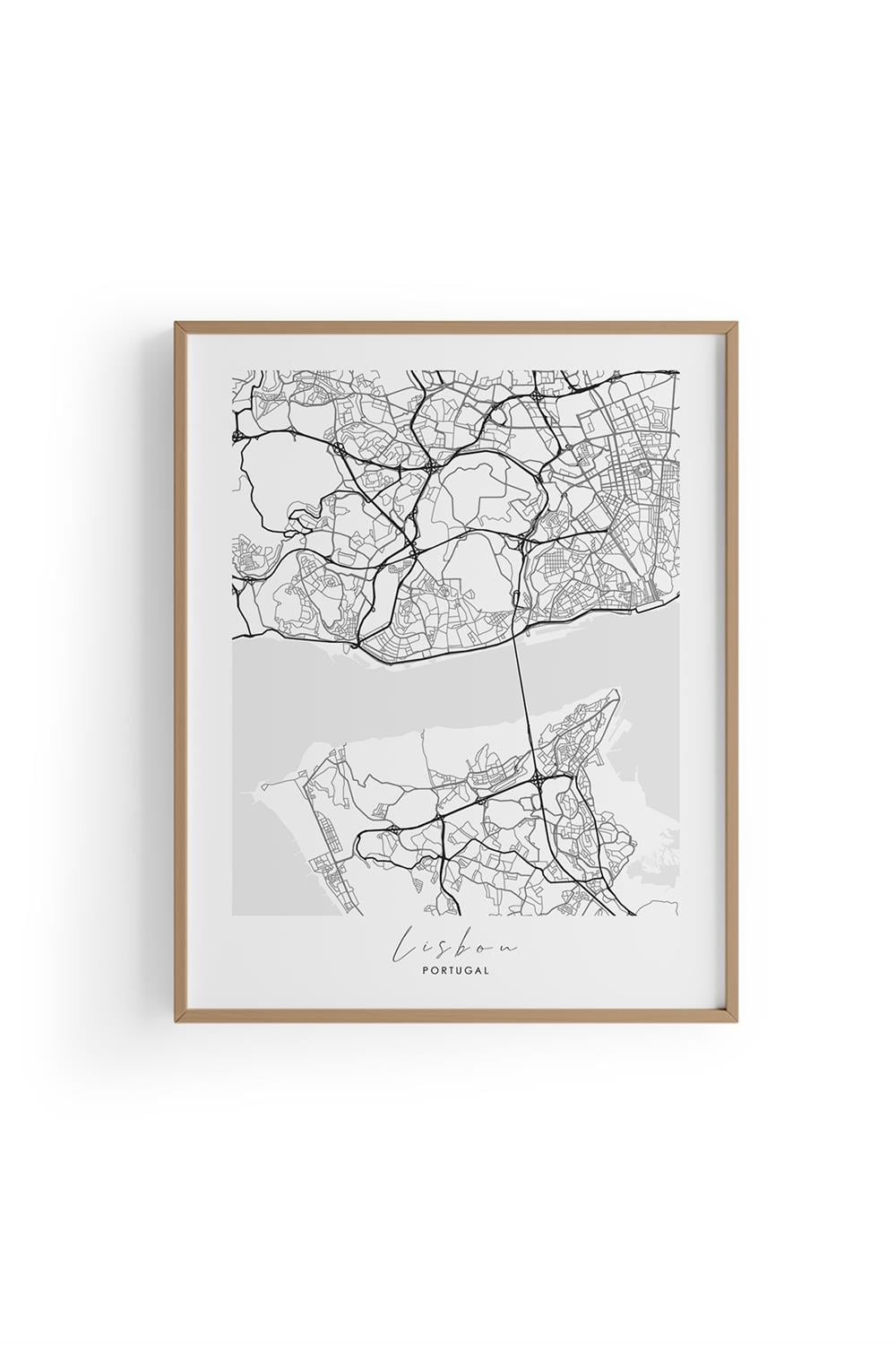 LISBON Harita Şehir Ahşap Çerçeve Fine art Print Baskı Tablo Duvar Dekorasyon ürünü  Poster