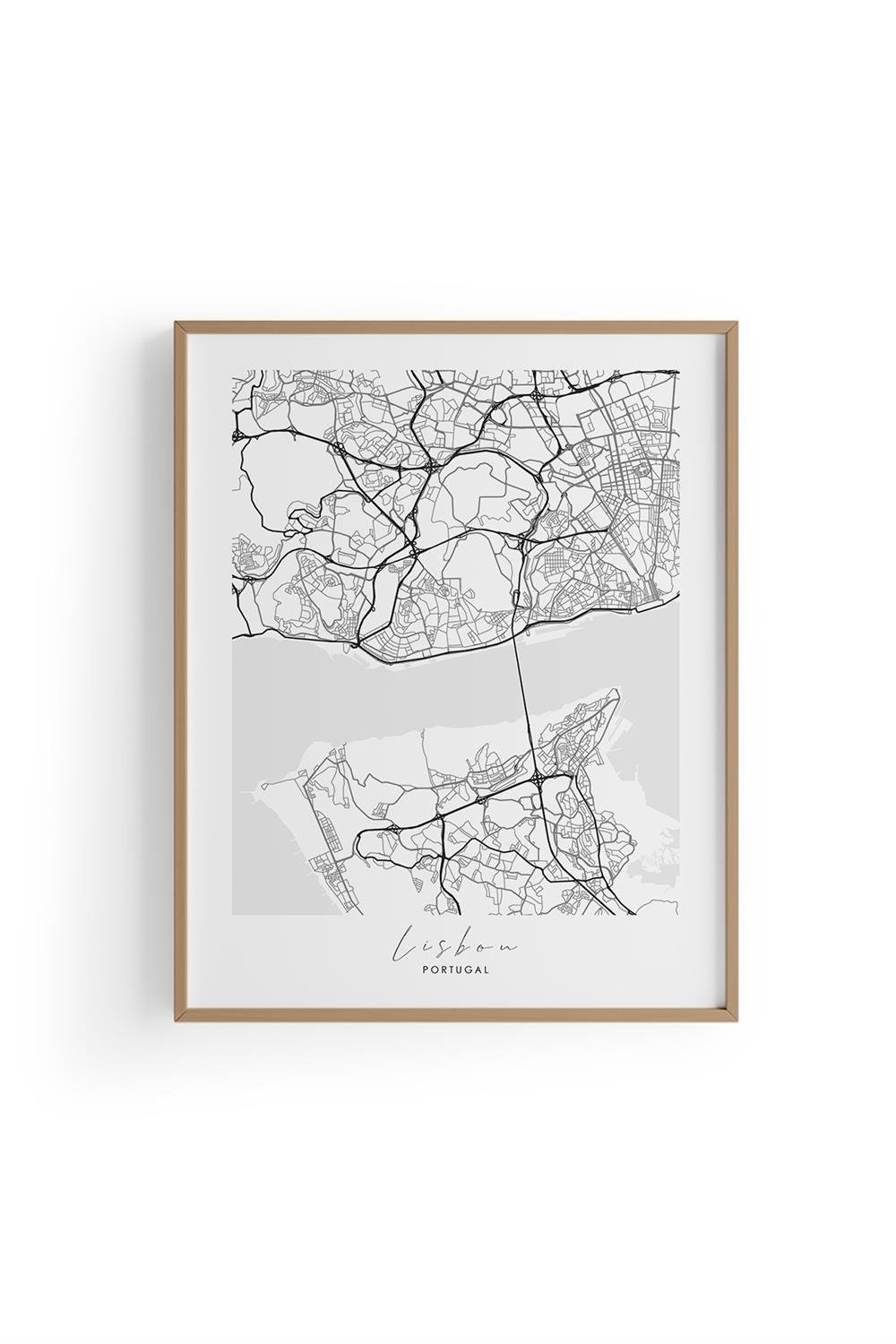 LISBON Harita Şehir Ahşap Çerçeve Fine art Print Baskı Tablo Duvar Dekorasyon ürünü  Poster