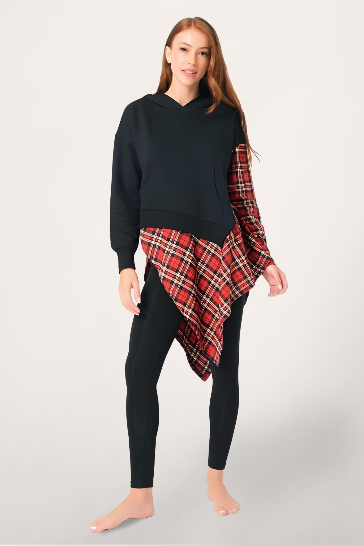 Kadın Pamuklu Ekose Kapüşonlu Uzun Kol Sweatshirt ve Tayt Takım (9748)