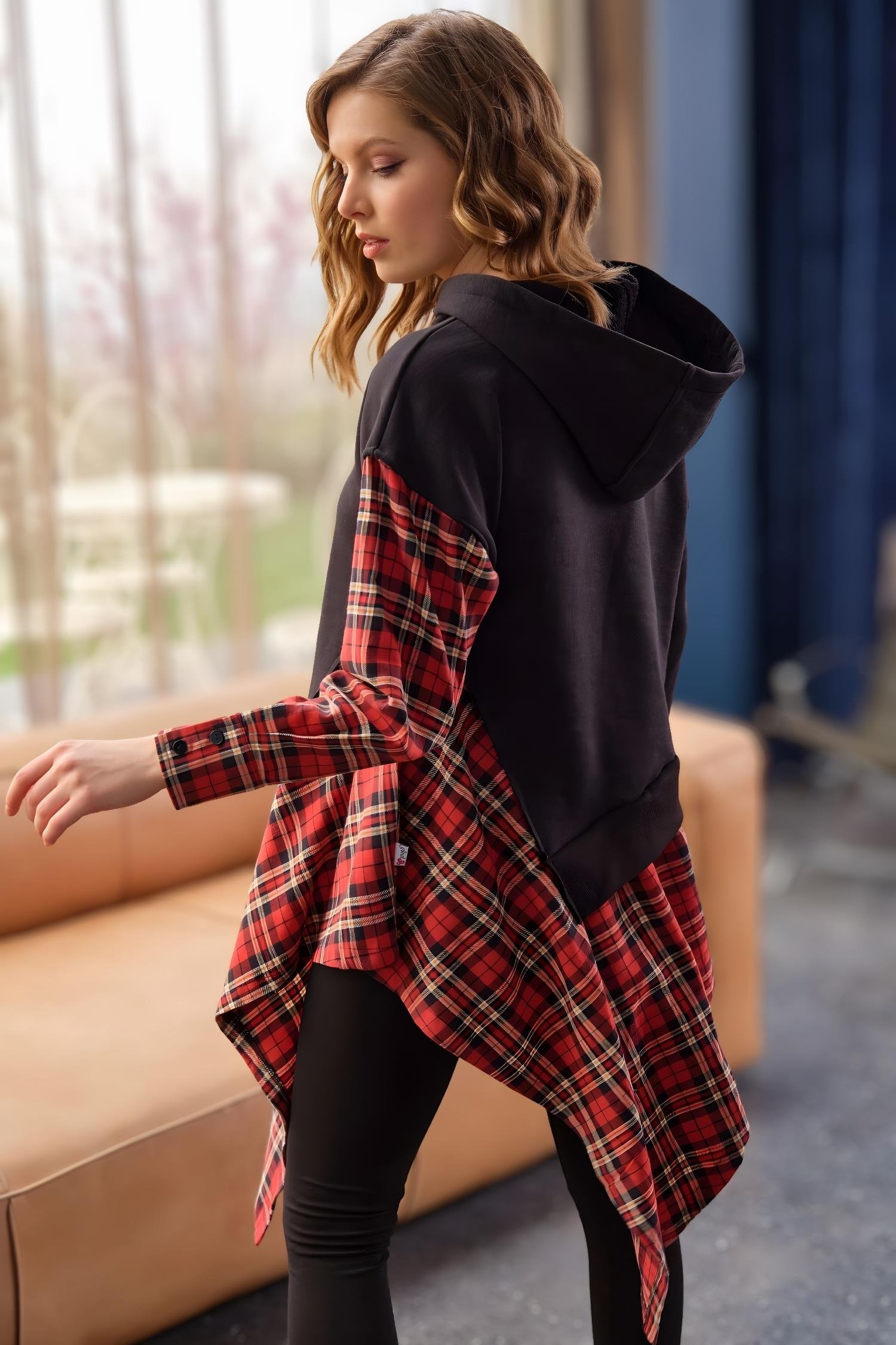 Kadın Pamuklu Ekose Kapüşonlu Uzun Kol Sweatshirt ve Tayt Takım (9748)