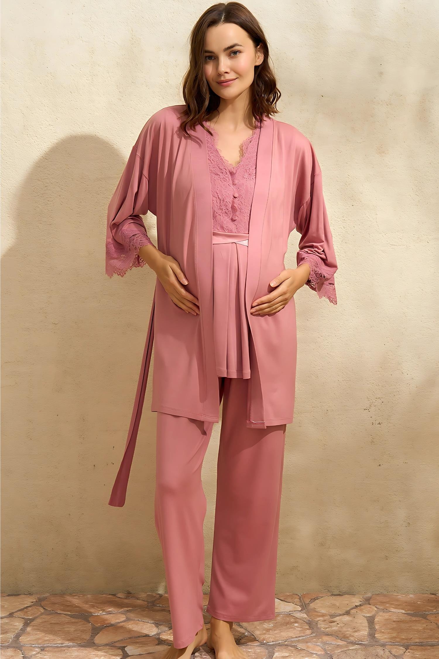 Sıfır Kol V Yaka Kadın Viskon Düz Yazlık Uzun Dantel Detaylı Hamile Pijama Takımı Sabahlık Anıl 5771