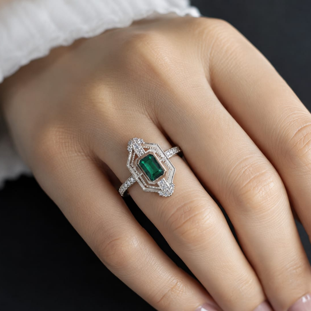 Art Deco Emerald Kesim Zümrüt Pırlanta Yüzük - 30020025