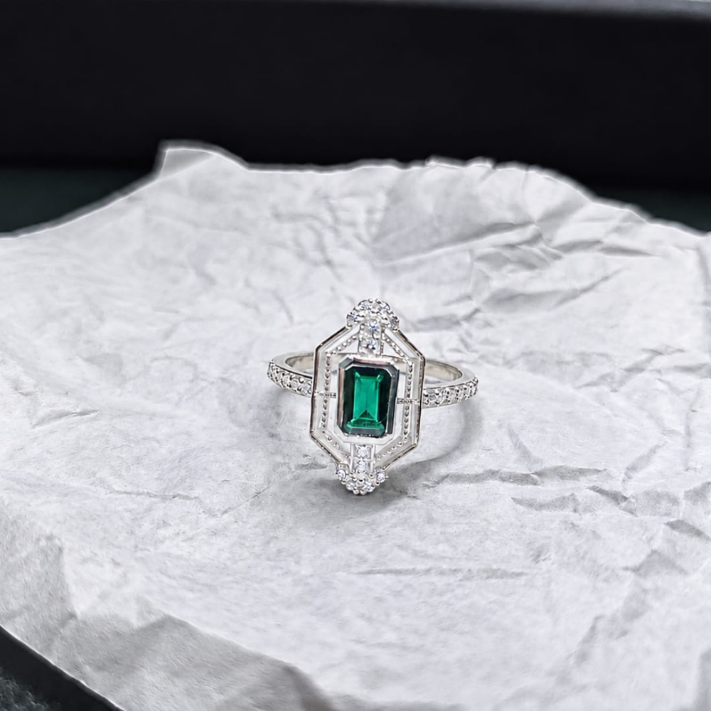 Art Deco Emerald Kesim Zümrüt Pırlanta Yüzük - 30020025