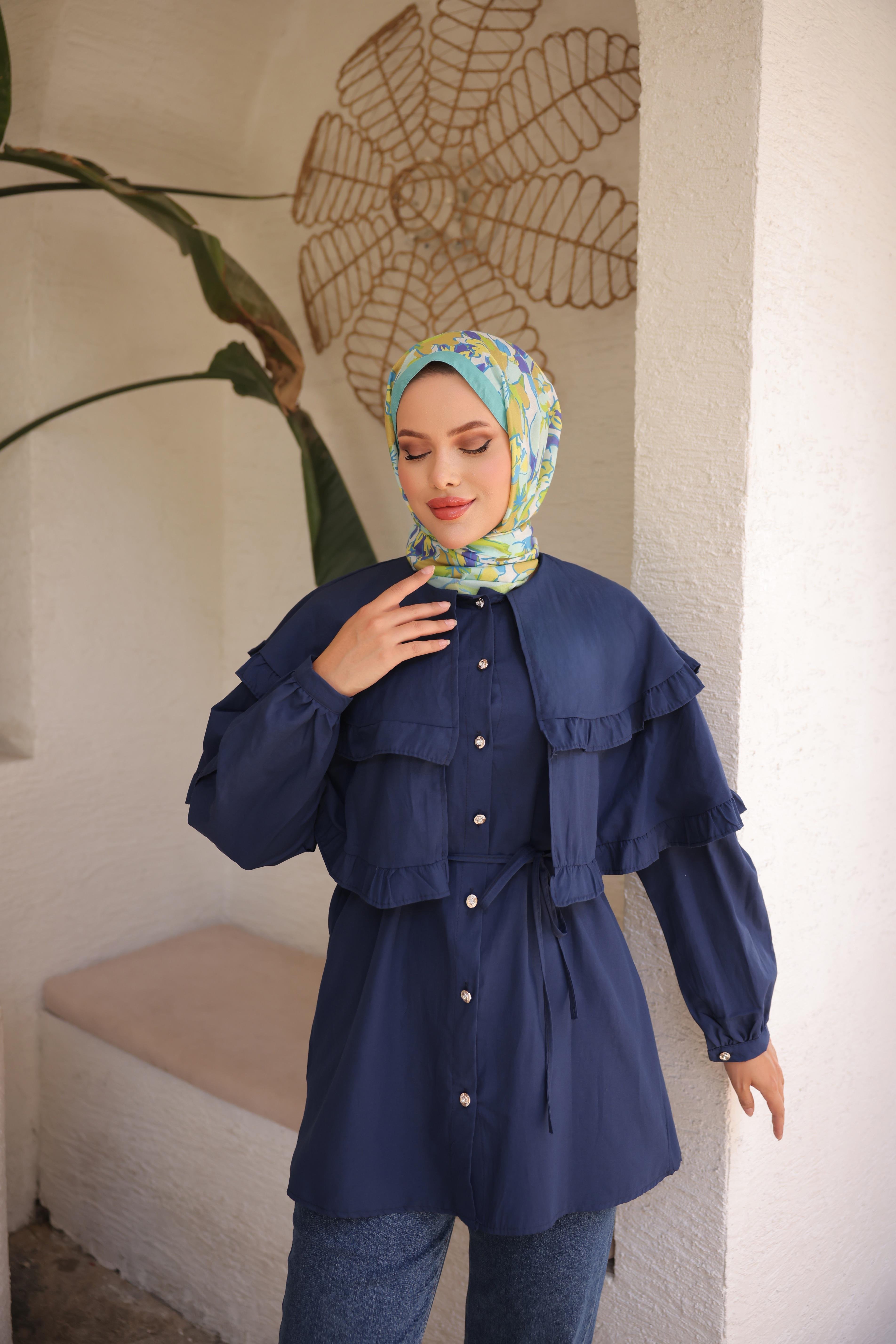 Çift pelerinli Beli Bağlamalı tunik