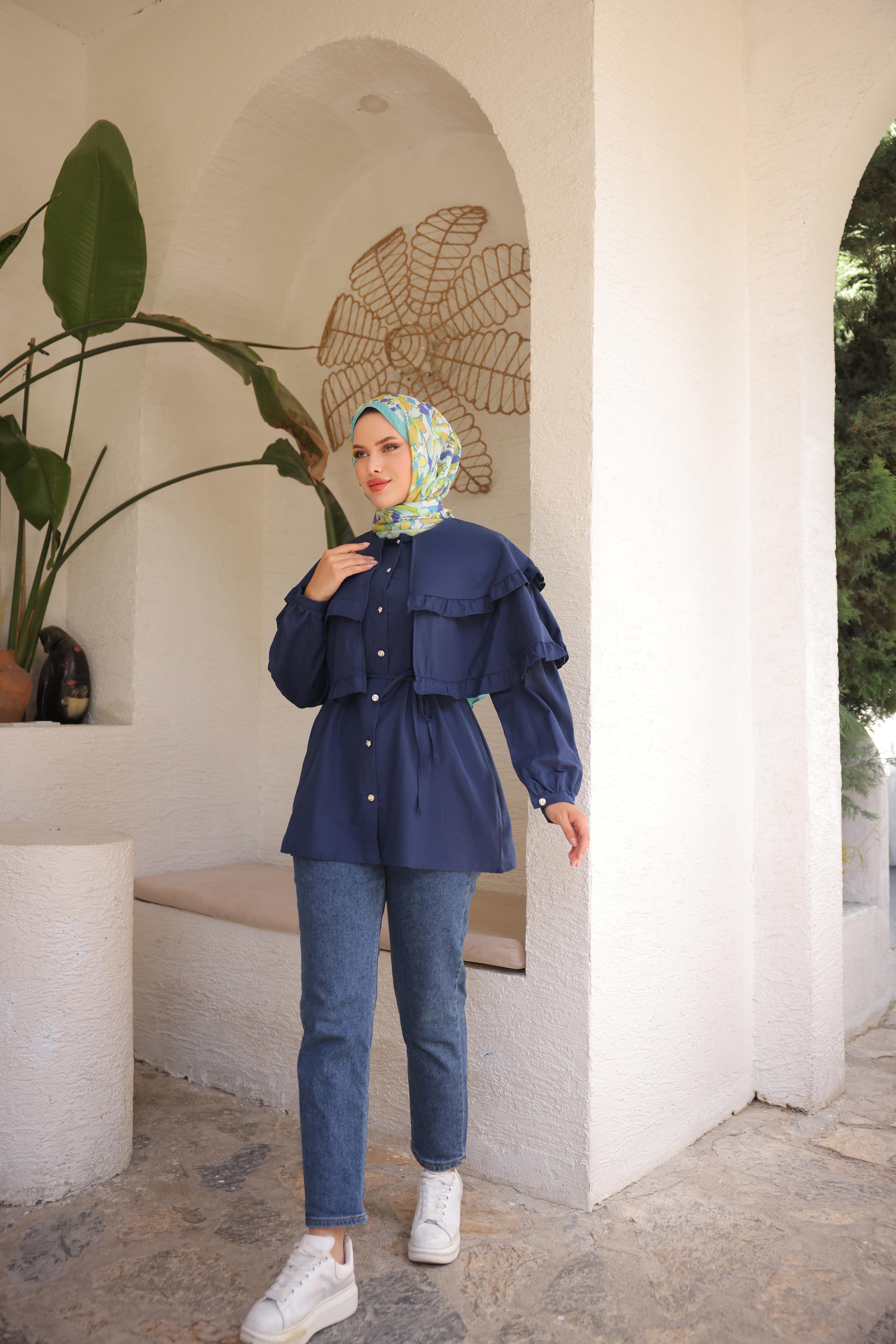 Çift pelerinli Beli Bağlamalı tunik
