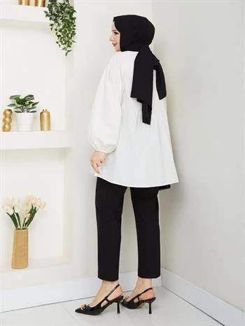 Poplin Kumaş Fiyonklu Balon Kol Tesettür Tunik