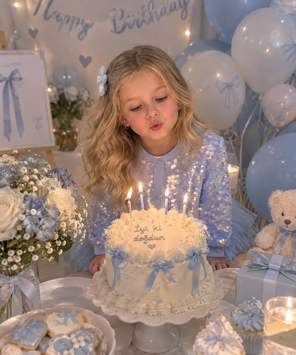 KIZ ÇOCUK BEBE MAVİSİ (HOLOGRAMLI) PAYETLİ CEKET VE KATLI FIRFIRLI TÜLLÜ ETEKLİ TAKIM