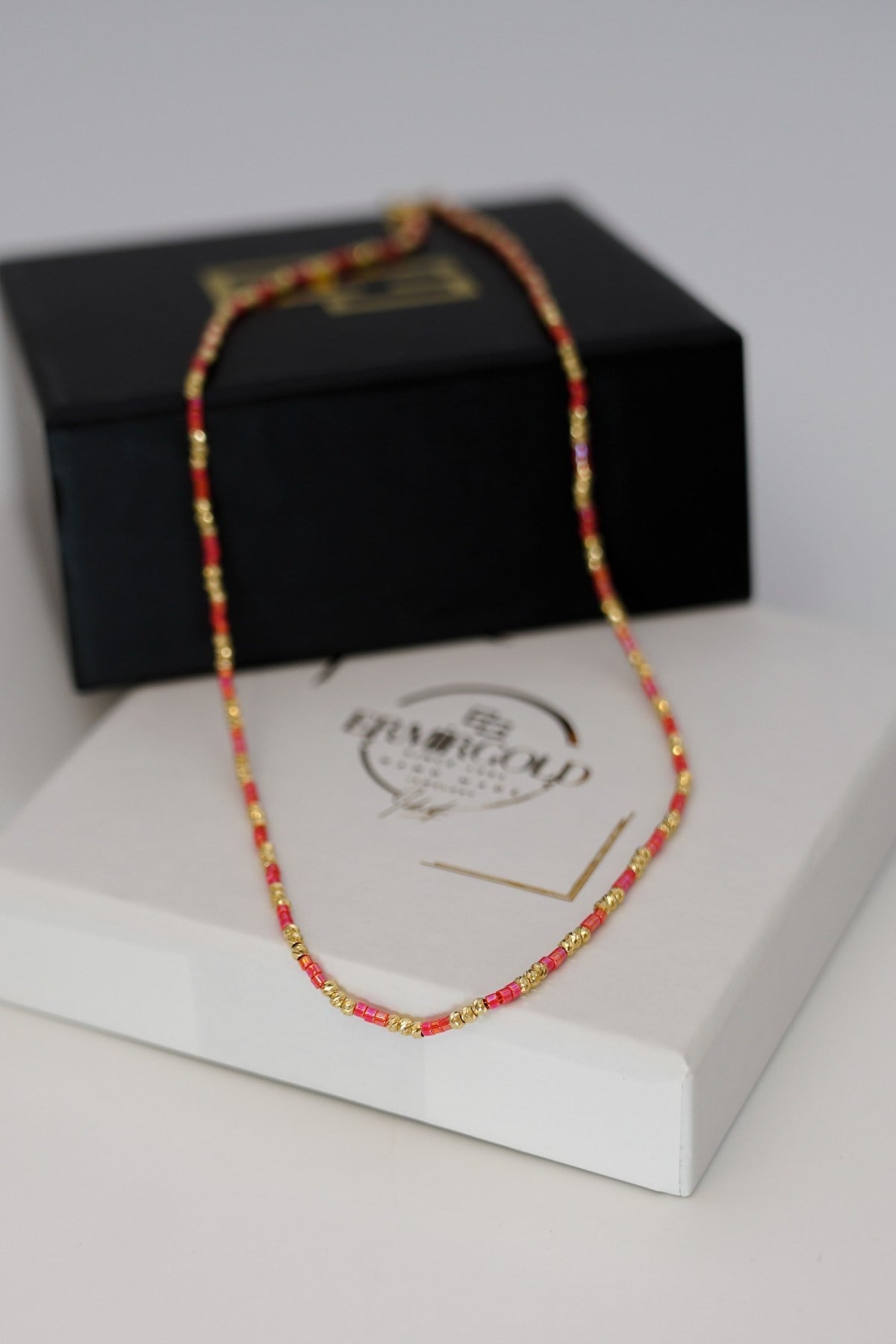 Red Beaded Dorica Necklace 14 Carat