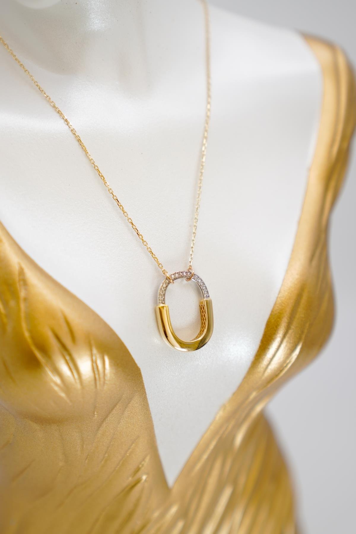 14 Ayar Altın İtalyan Fantasy Zincir Kolye Modern U Formlu Parlak Taş Detaylı Model