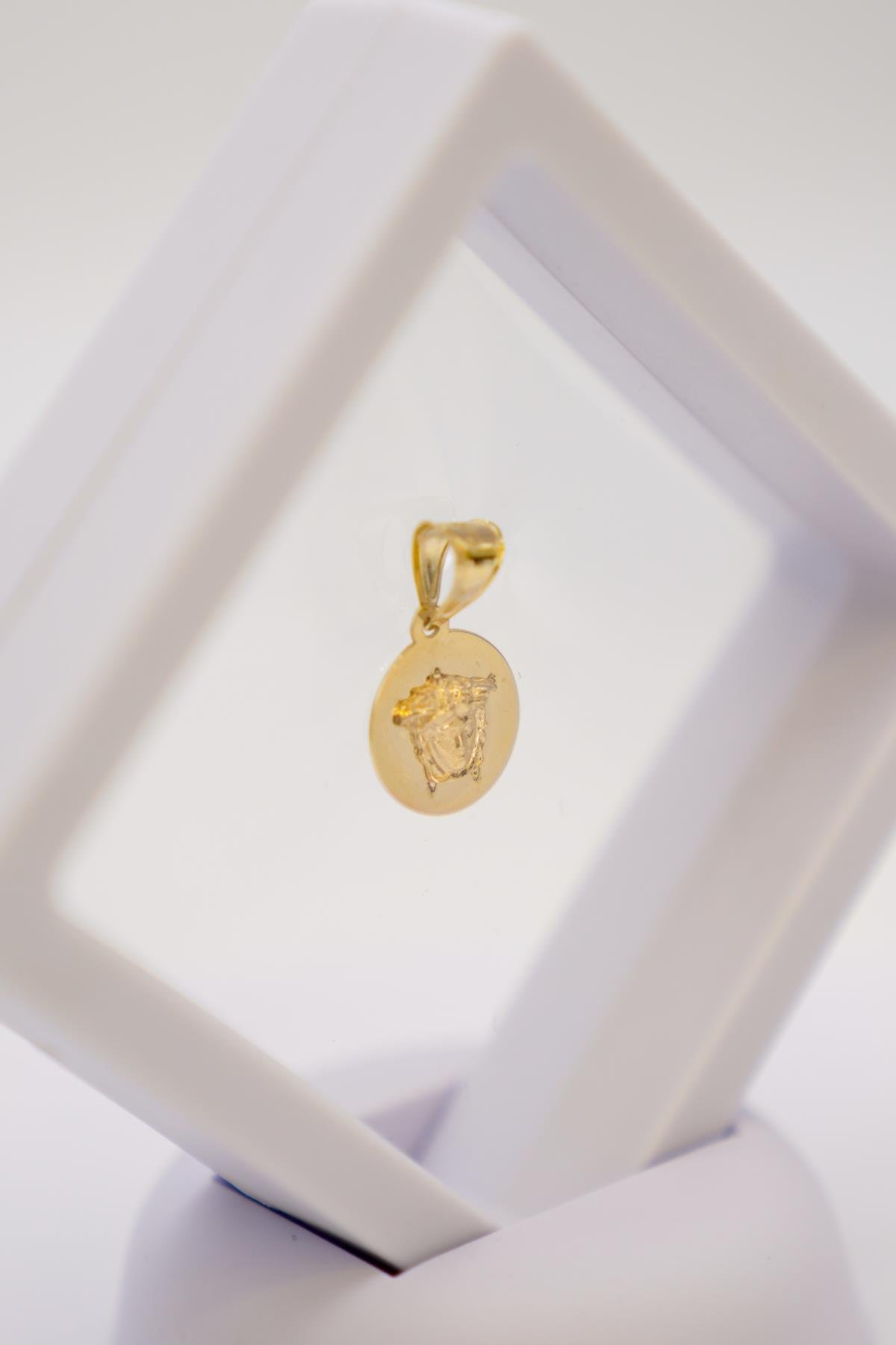 14 Ayar Altın Medusa Figürlü Yuvarlak Kolye Ucu – Mitolojik ve Estetik Detaylı Tasarım