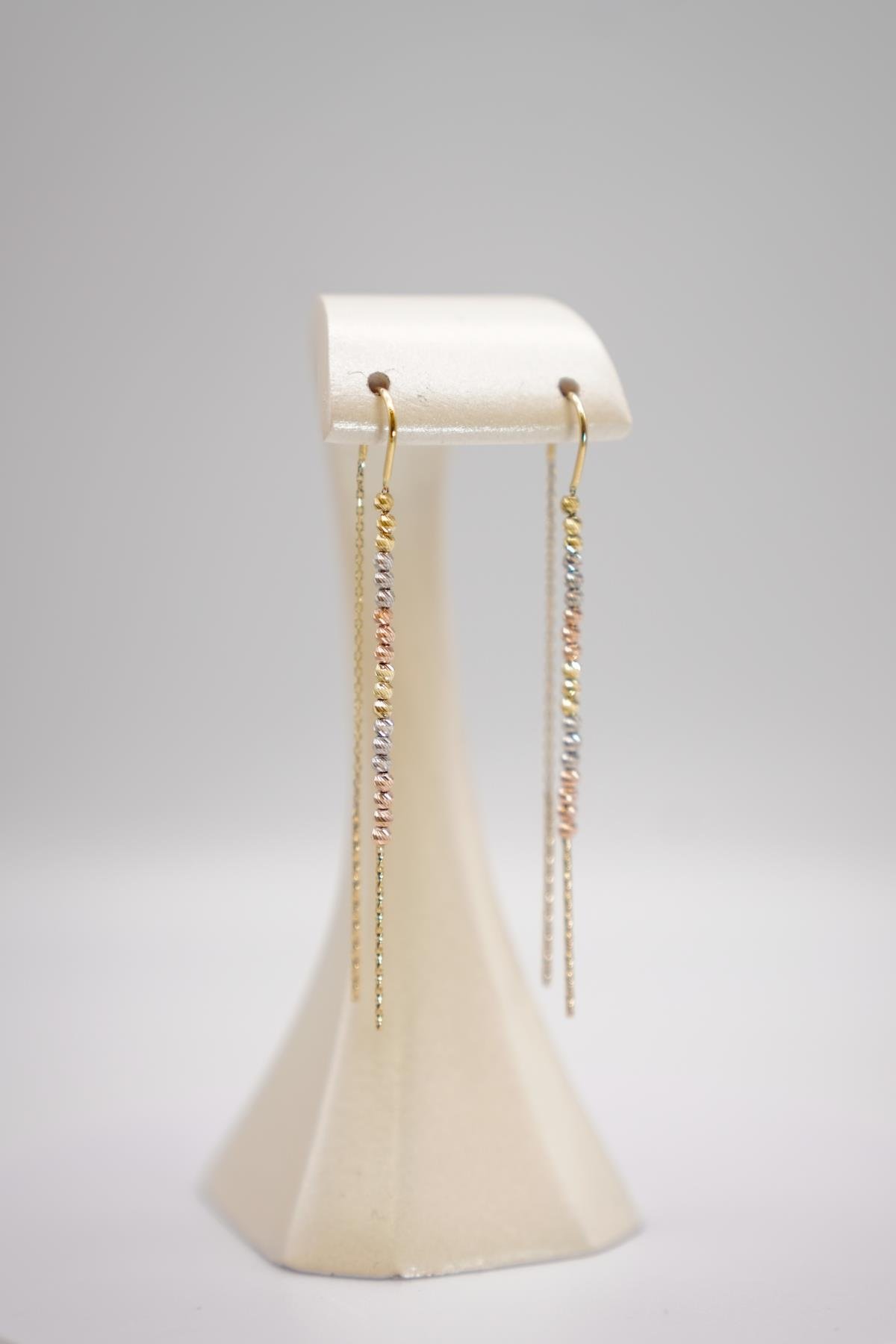 14 Ayar Altın Üç Renkli Dorika Zincir Küpe – Uzun Zarif Tasarım Şık Kadın Küpe Modeli