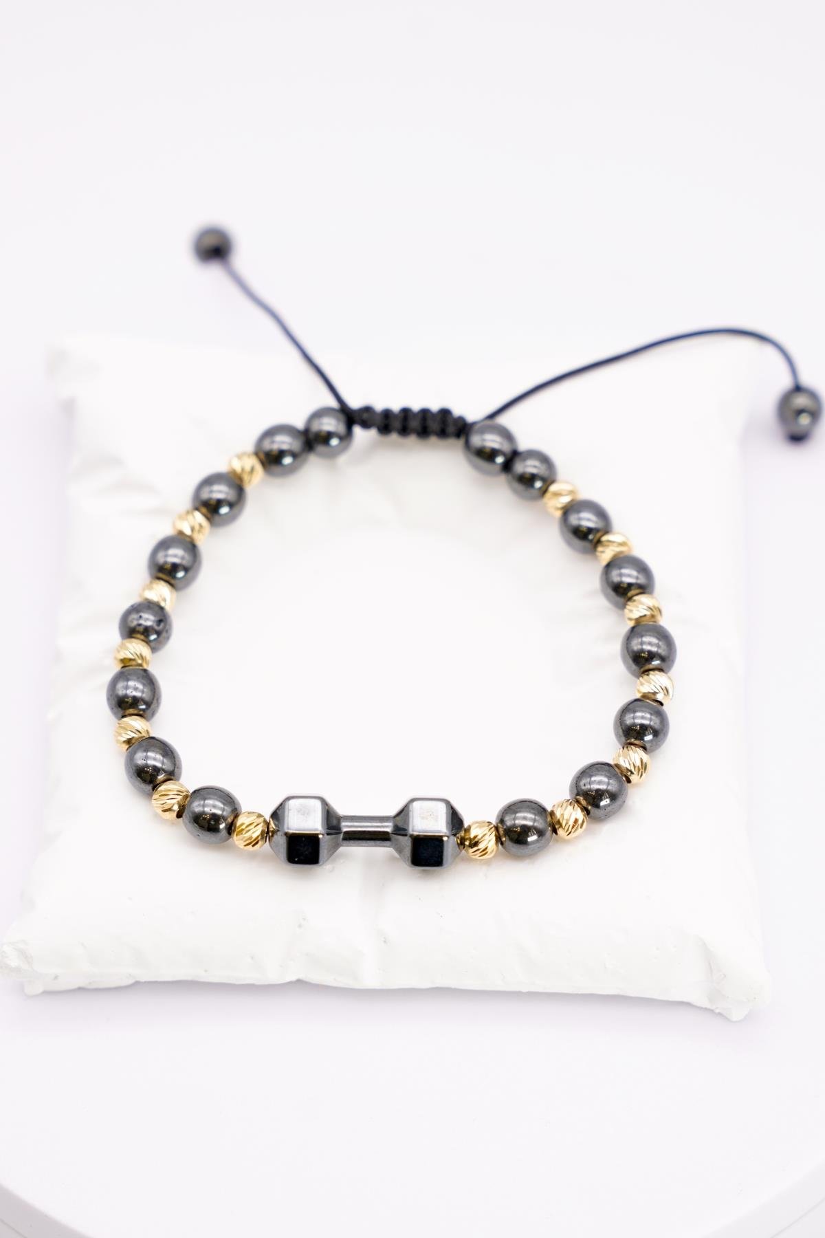 14 Ayar Ayarlanabilir Siyah Boncuklu  Halter Detaylı Erkek Bileklik