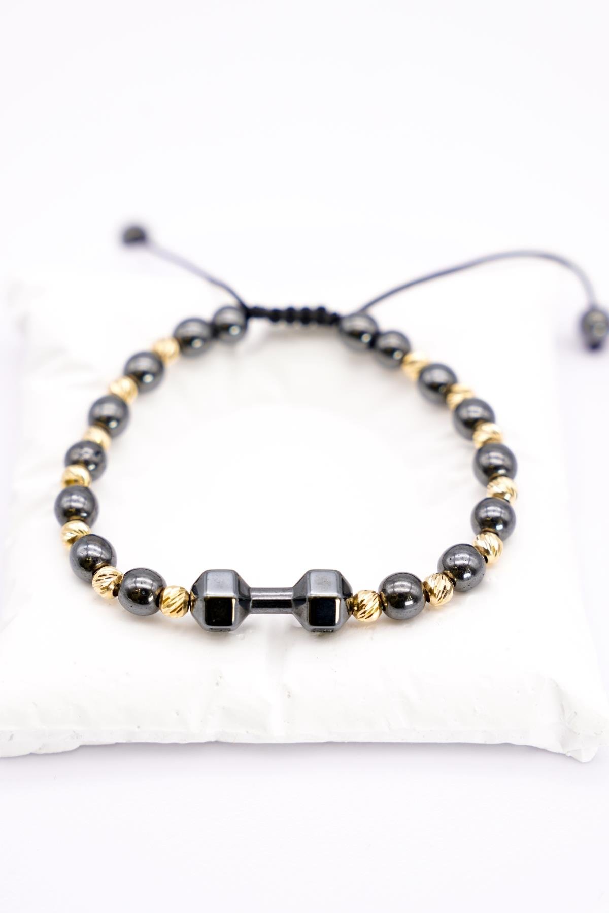 14 Ayar Ayarlanabilir Siyah Boncuklu  Halter Detaylı Erkek Bileklik