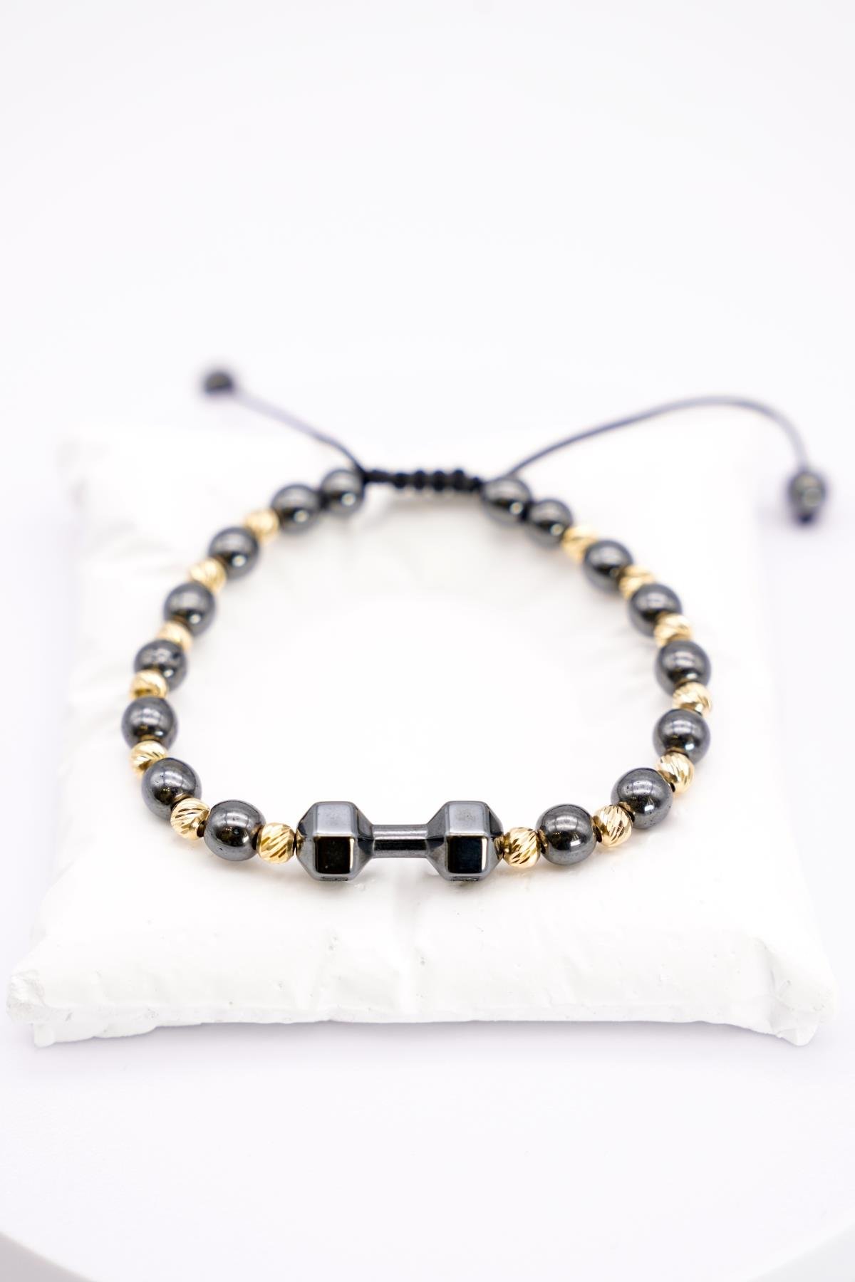 14 Ayar Ayarlanabilir Siyah Boncuklu  Halter Detaylı Erkek Bileklik