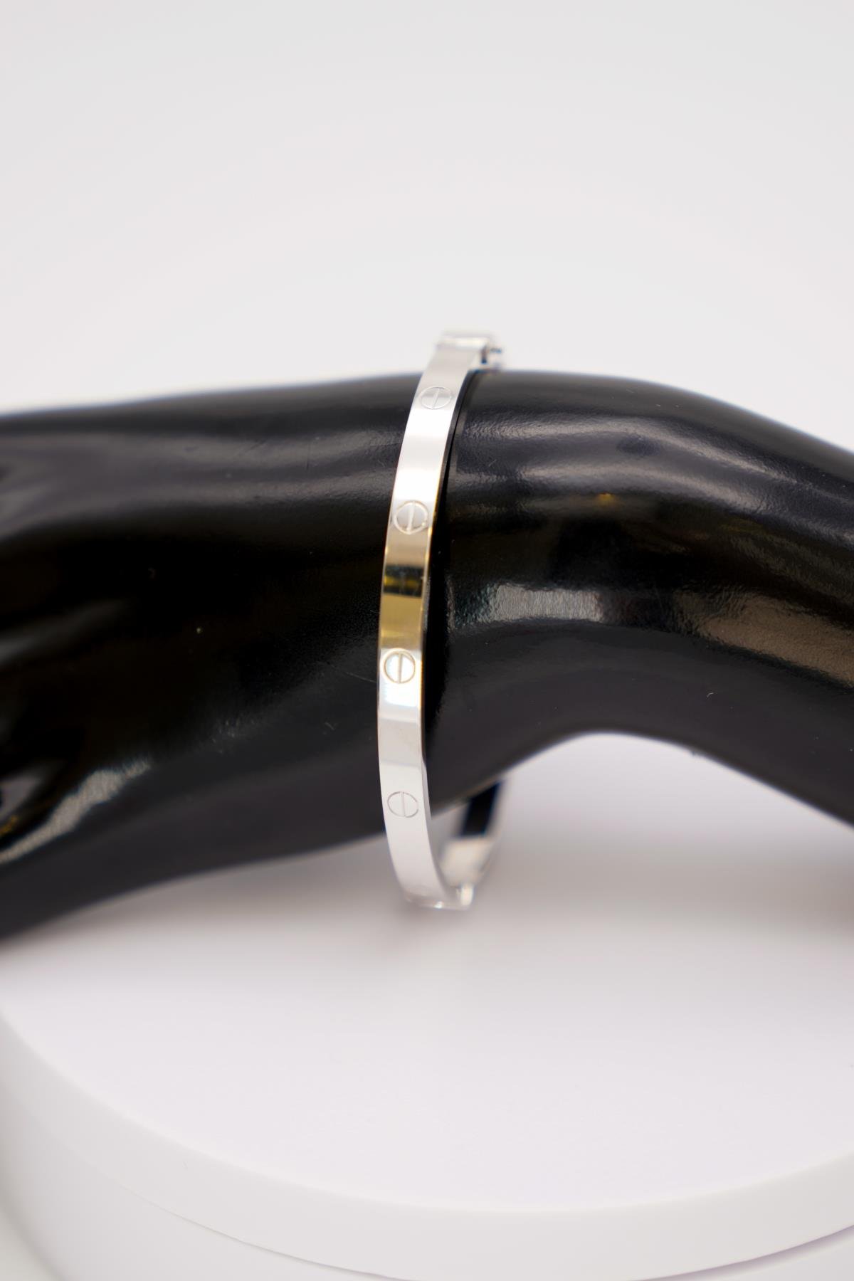 14 Ayar Beyaz Altın Vidalı Klasik Tasarımlı Kadın Bilezik – Parlak ve Zamansız Model