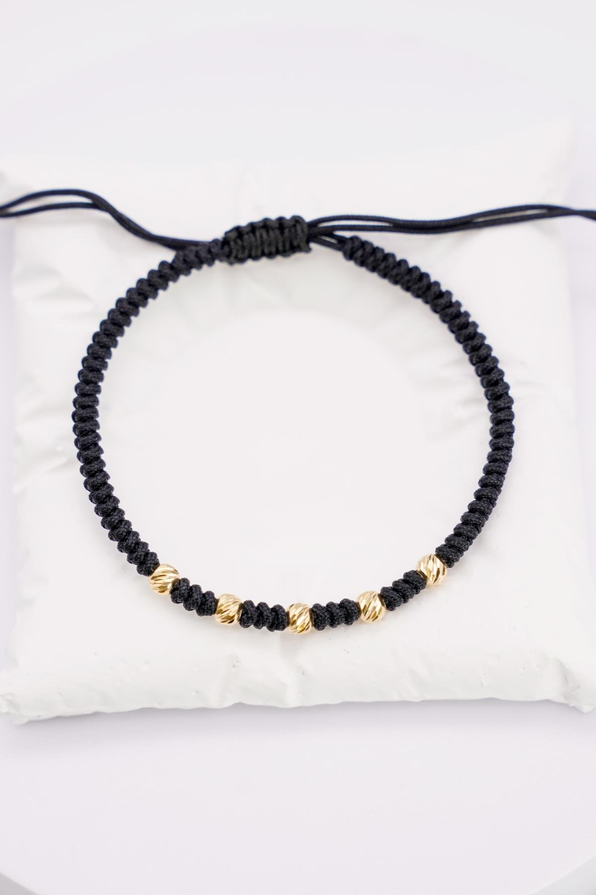 14 Ayar Dorika Toplu Siyah Ayarlanabilir İp Detaylı Kadın Altın Bileklik