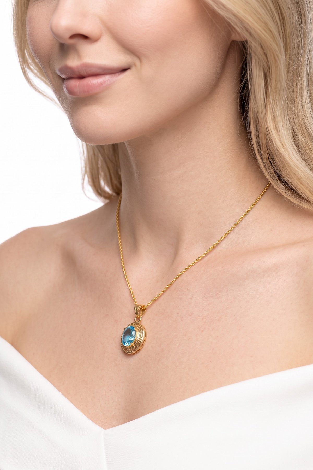 14 Ayar Sarı Altın Mavi Topaz Taşlı Grek Desenli Minimal Oval Kolye Ucu