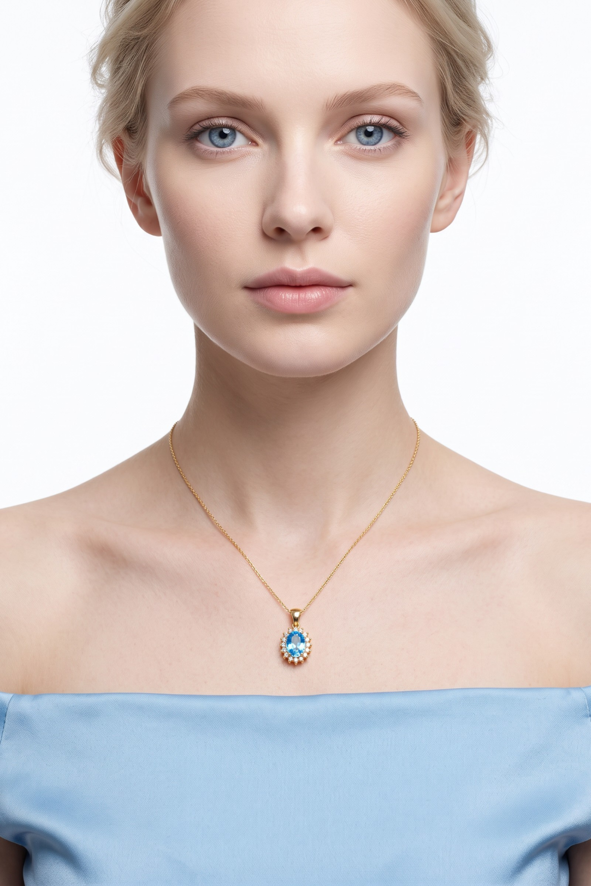 14 Ayar Sarı Altın Mavi Topaz ve Zirkon Taşlı Minimal Oval Kolye Ucu
